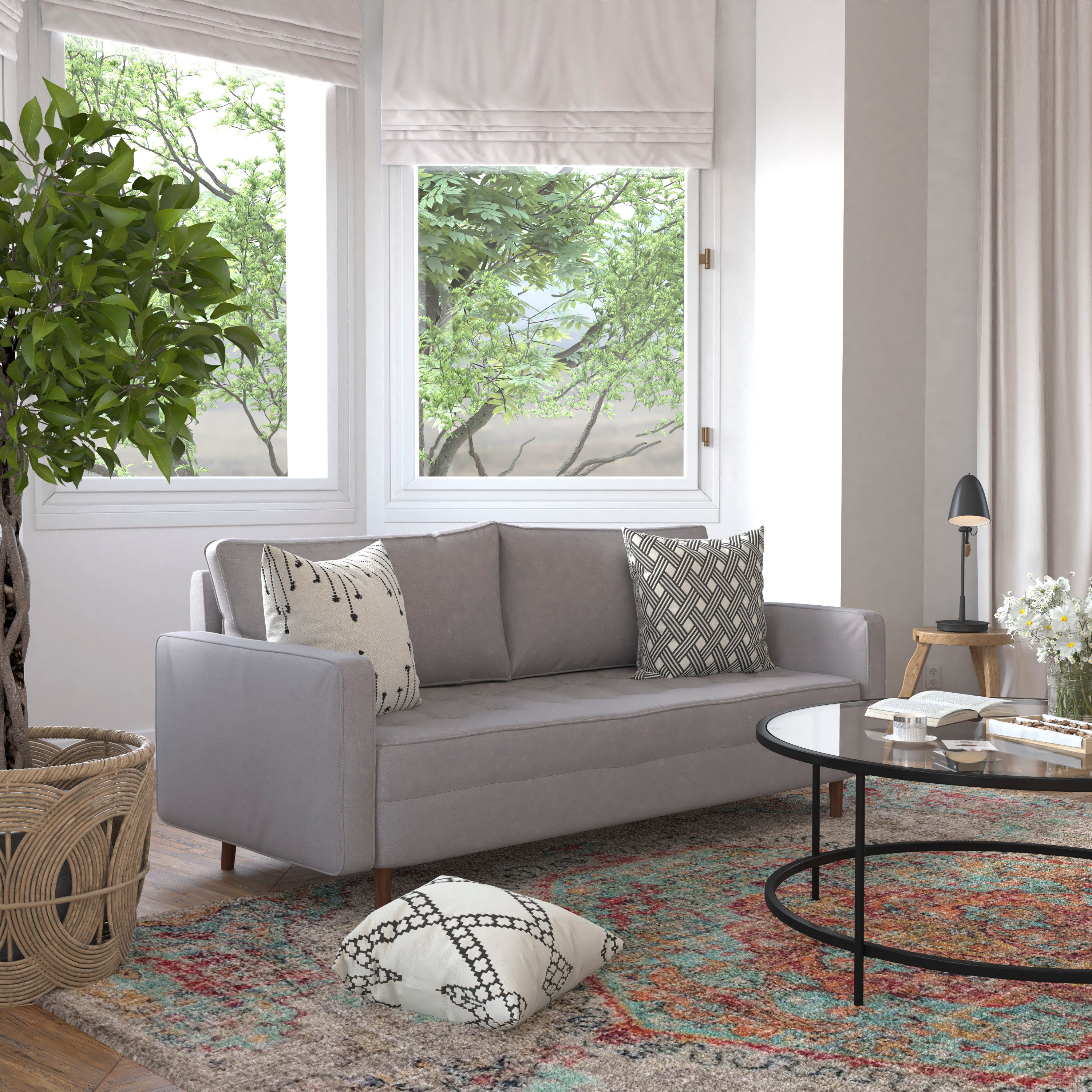 Hudson Mid-Century Modern Sofa with Tufted Faux Linen Upholstery & Solid Wood Legs in Slate Gray