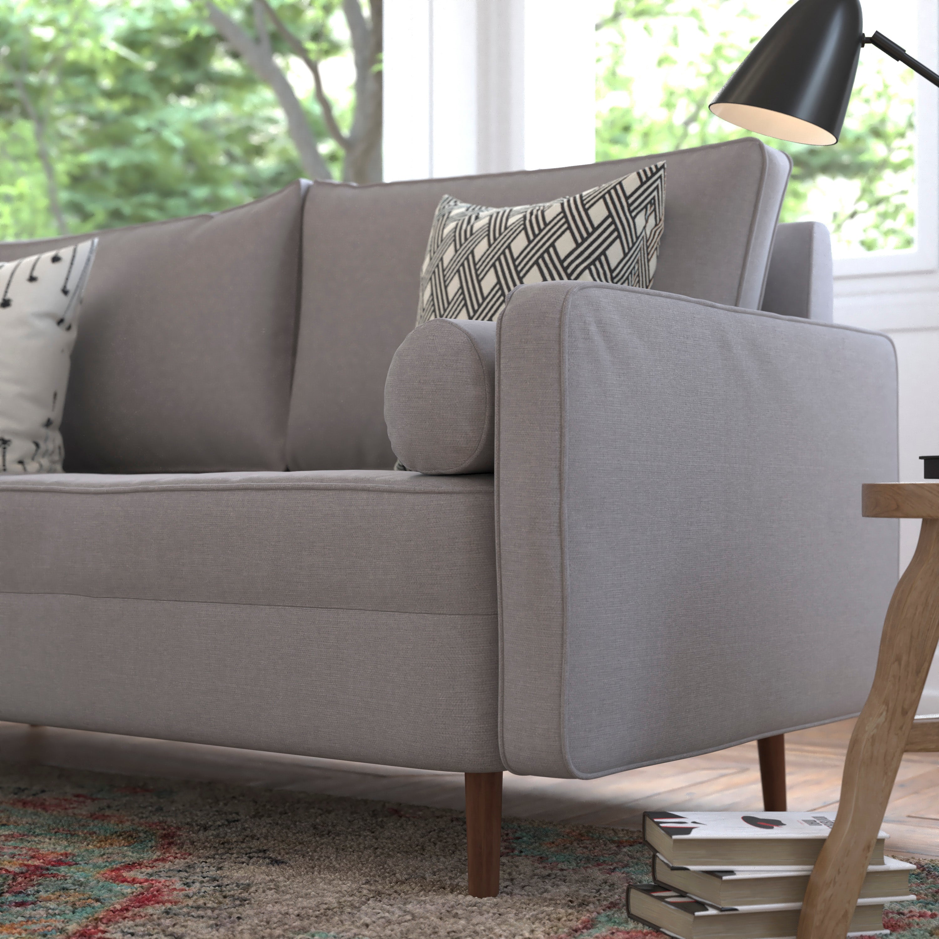 Hudson Mid-Century Modern Sofa with Tufted Faux Linen Upholstery & Solid Wood Legs in Slate Gray