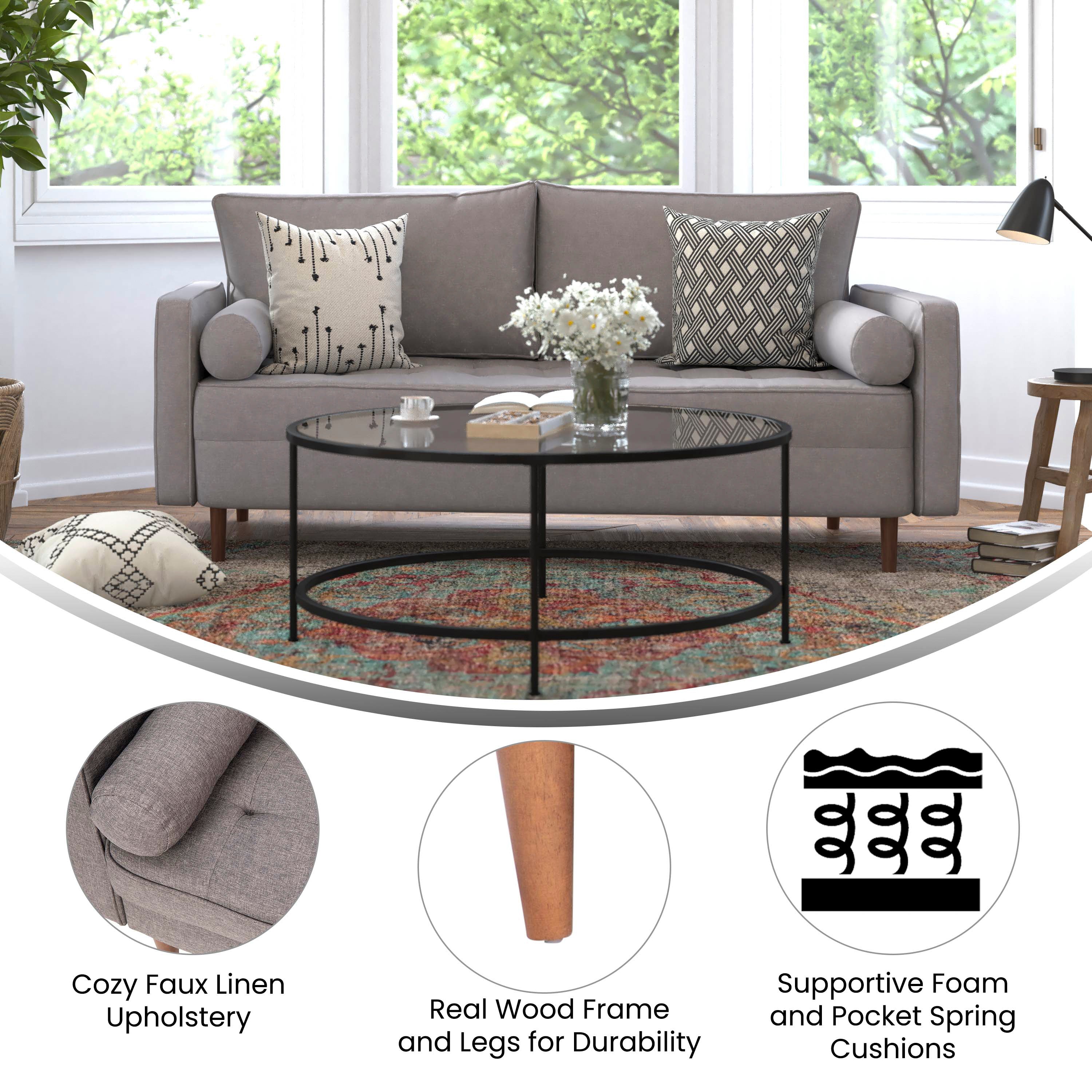 Hudson Mid-Century Modern Sofa with Tufted Faux Linen Upholstery & Solid Wood Legs in Slate Gray