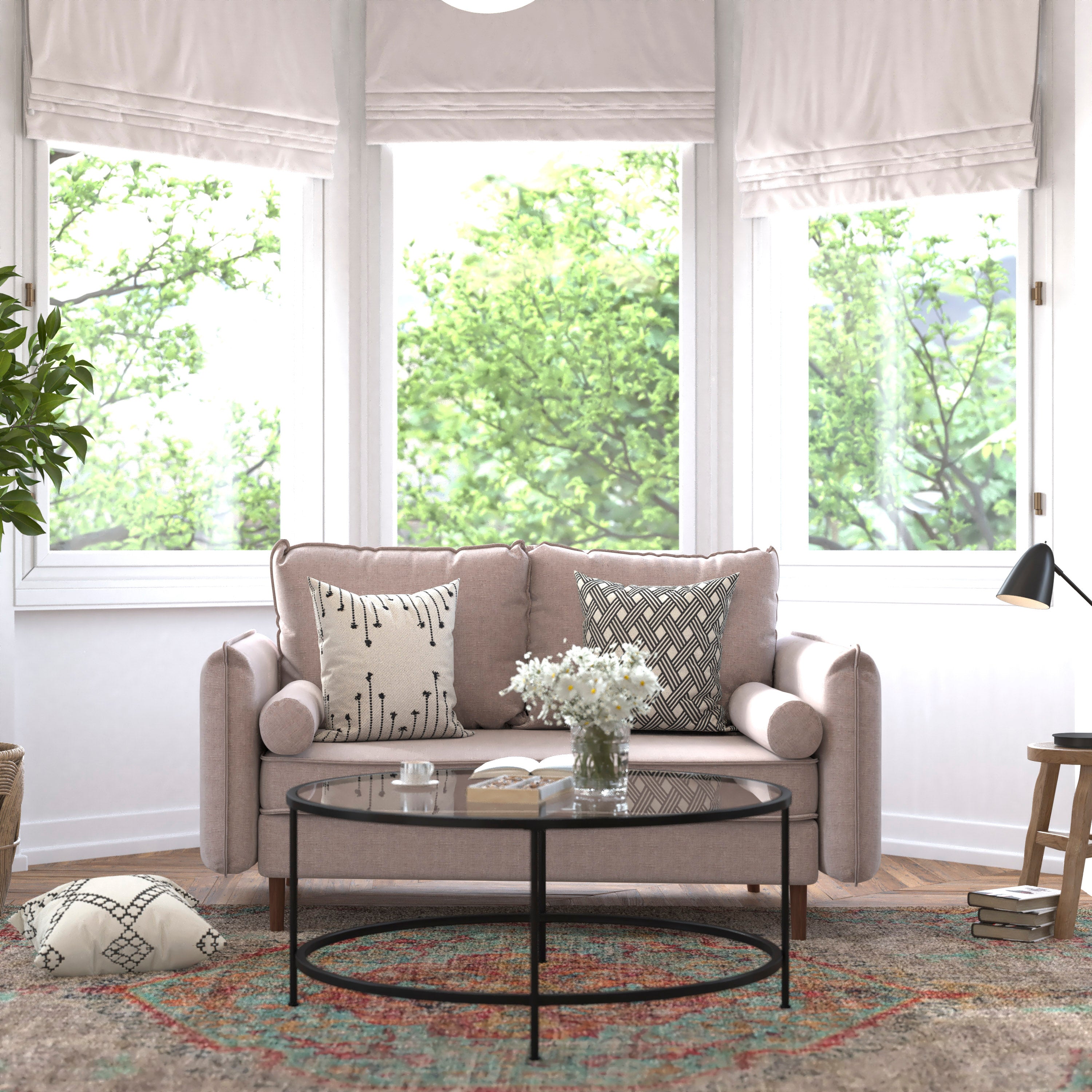 Evie Mid-Century Modern Loveseat Sofa with Faux Linen Fabric Upholstery & Solid Wood Legs in Taupe
