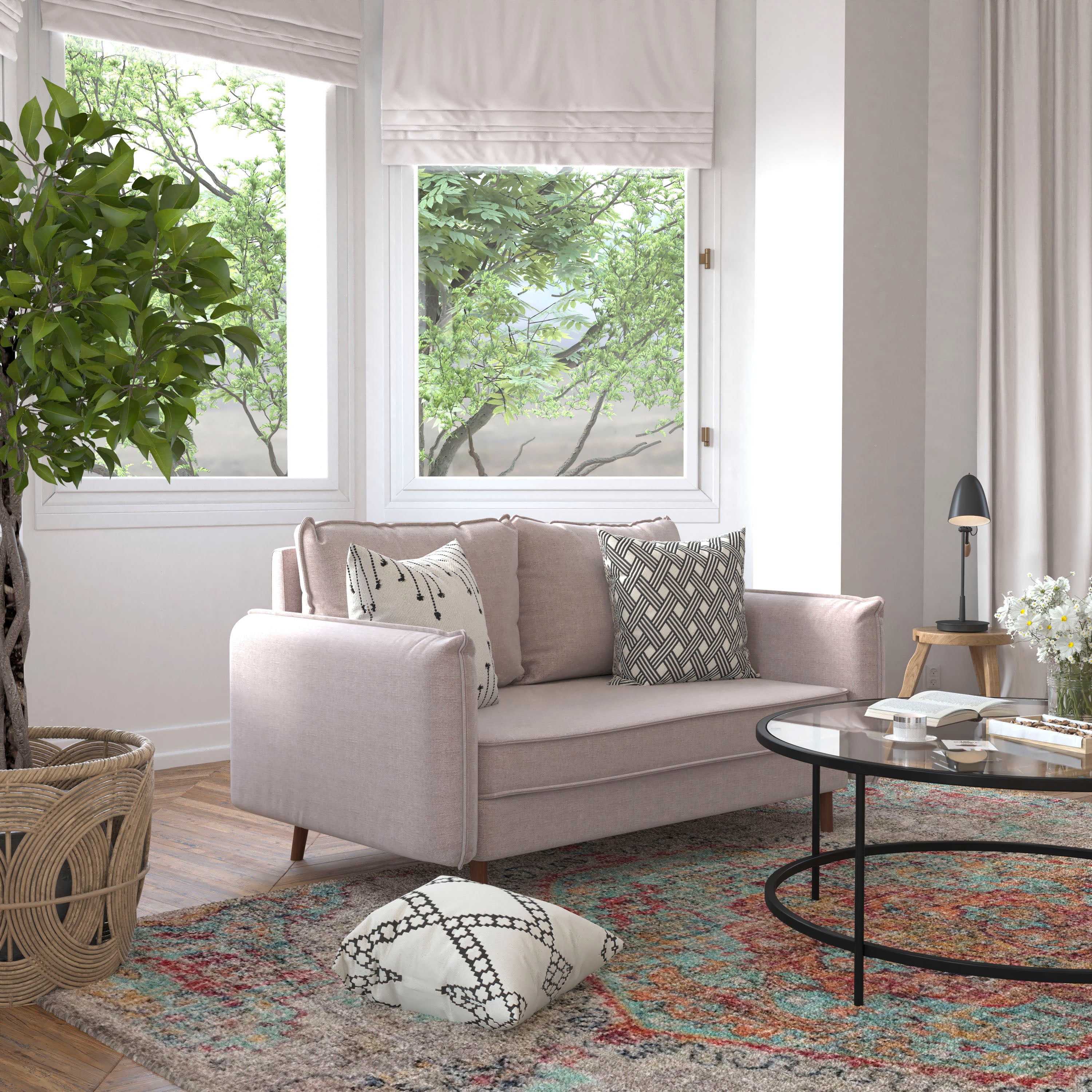 Evie Mid-Century Modern Loveseat Sofa with Faux Linen Fabric Upholstery & Solid Wood Legs in Taupe