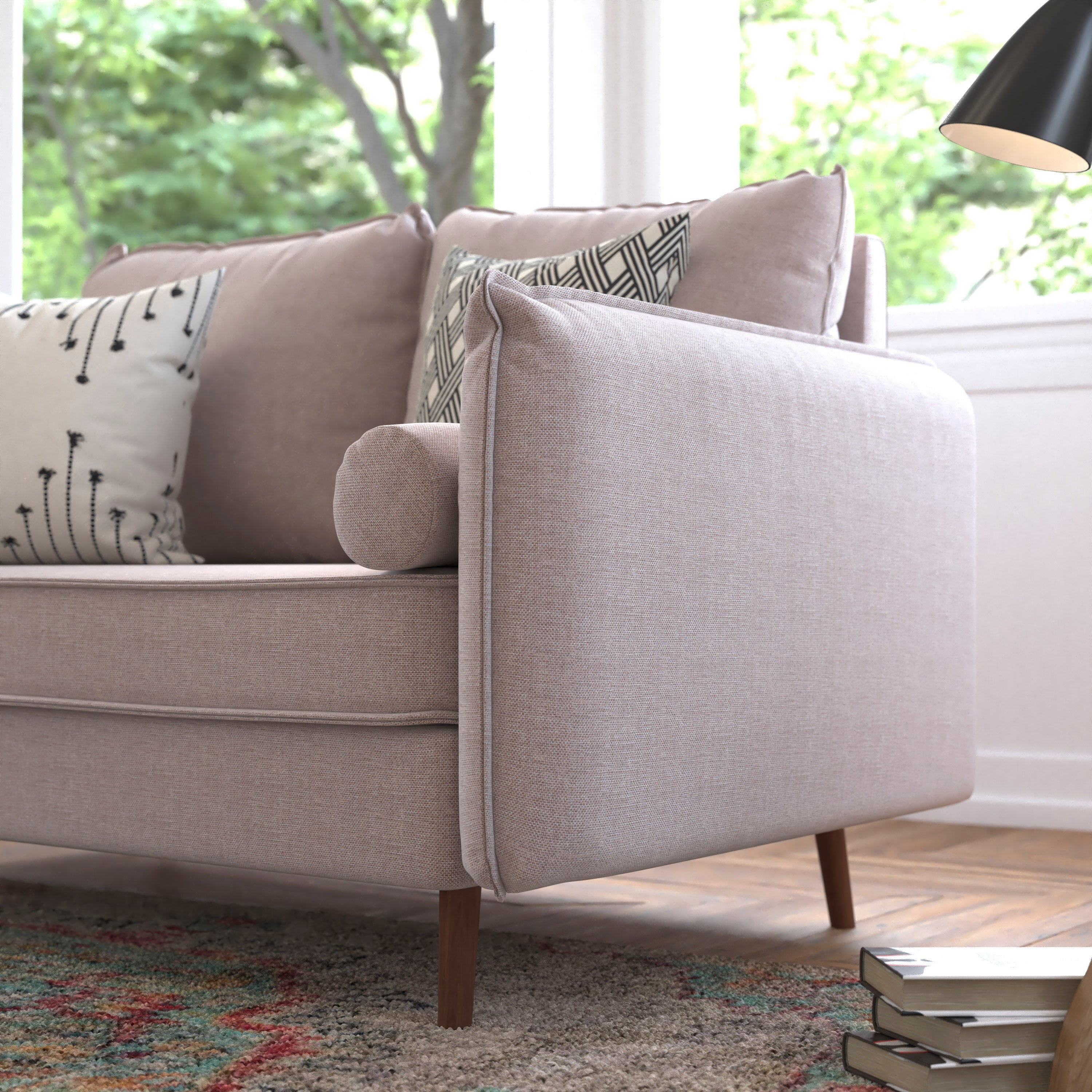 Evie Mid-Century Modern Loveseat Sofa with Faux Linen Fabric Upholstery & Solid Wood Legs in Taupe
