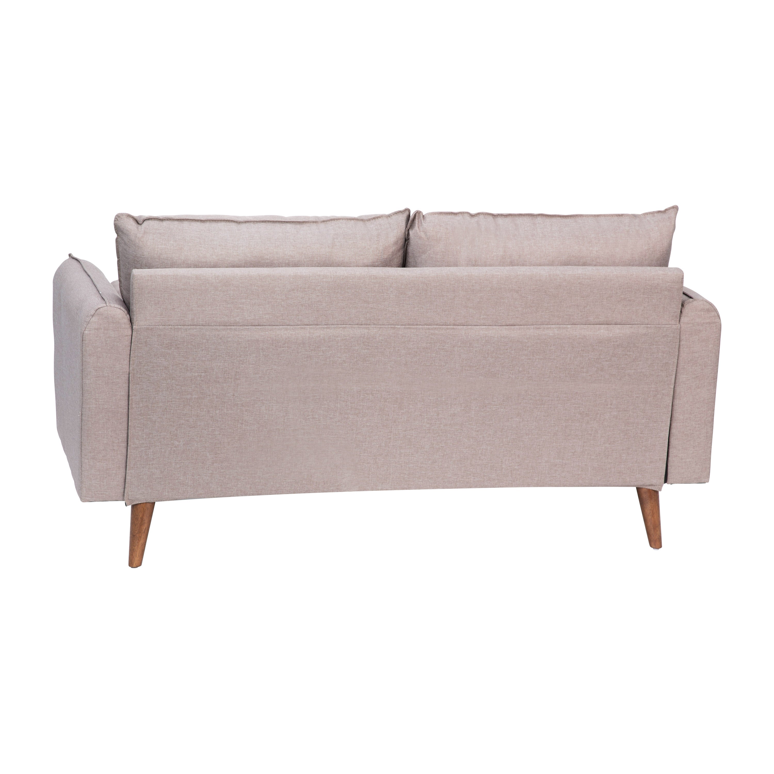 Evie Mid-Century Modern Loveseat Sofa with Faux Linen Fabric Upholstery & Solid Wood Legs in Taupe