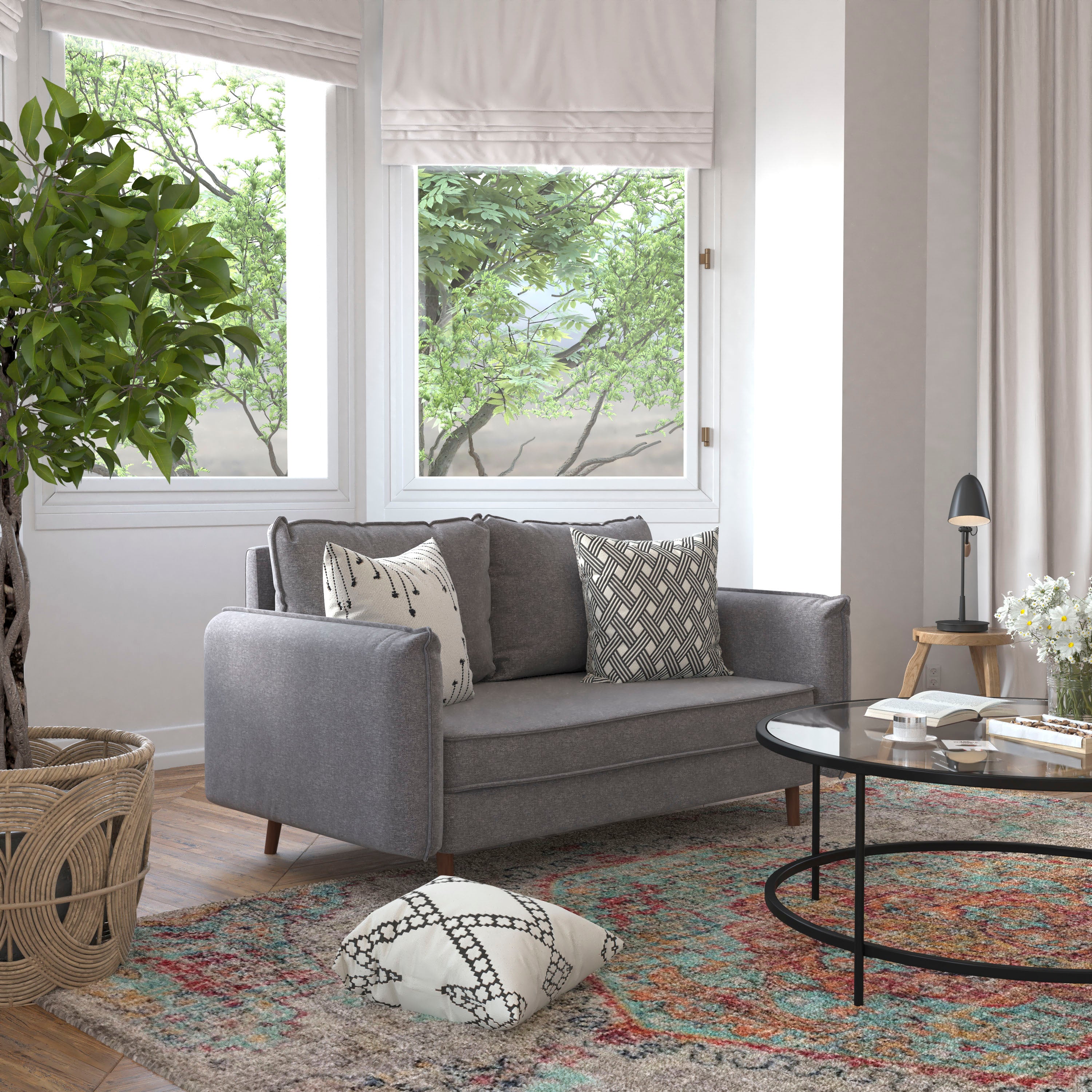 Evie Mid-Century Modern Loveseat Sofa with Faux Linen Fabric Upholstery & Solid Wood Legs in Stone Gray