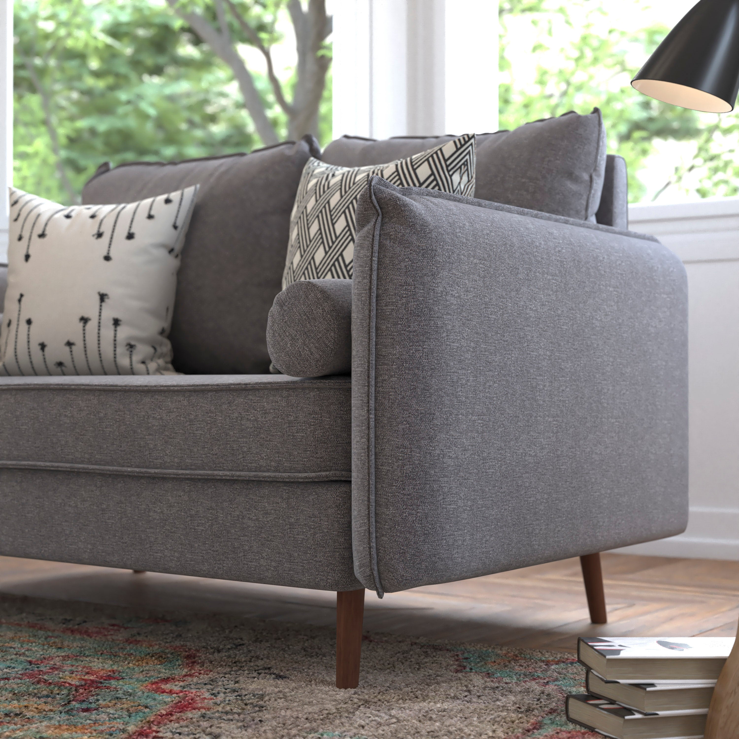 Evie Mid-Century Modern Loveseat Sofa with Faux Linen Fabric Upholstery & Solid Wood Legs in Stone Gray