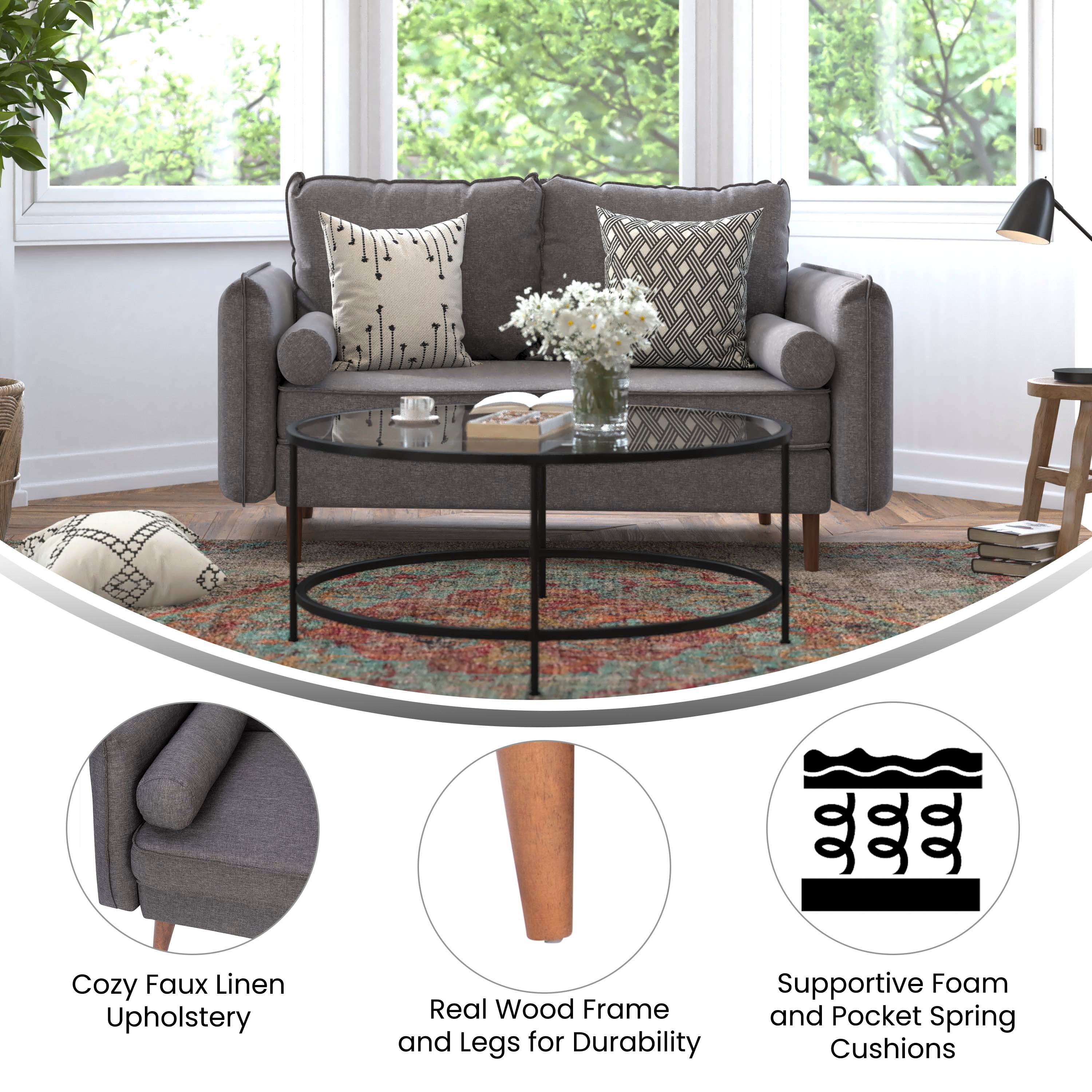 Evie Mid-Century Modern Loveseat Sofa with Faux Linen Fabric Upholstery & Solid Wood Legs in Stone Gray
