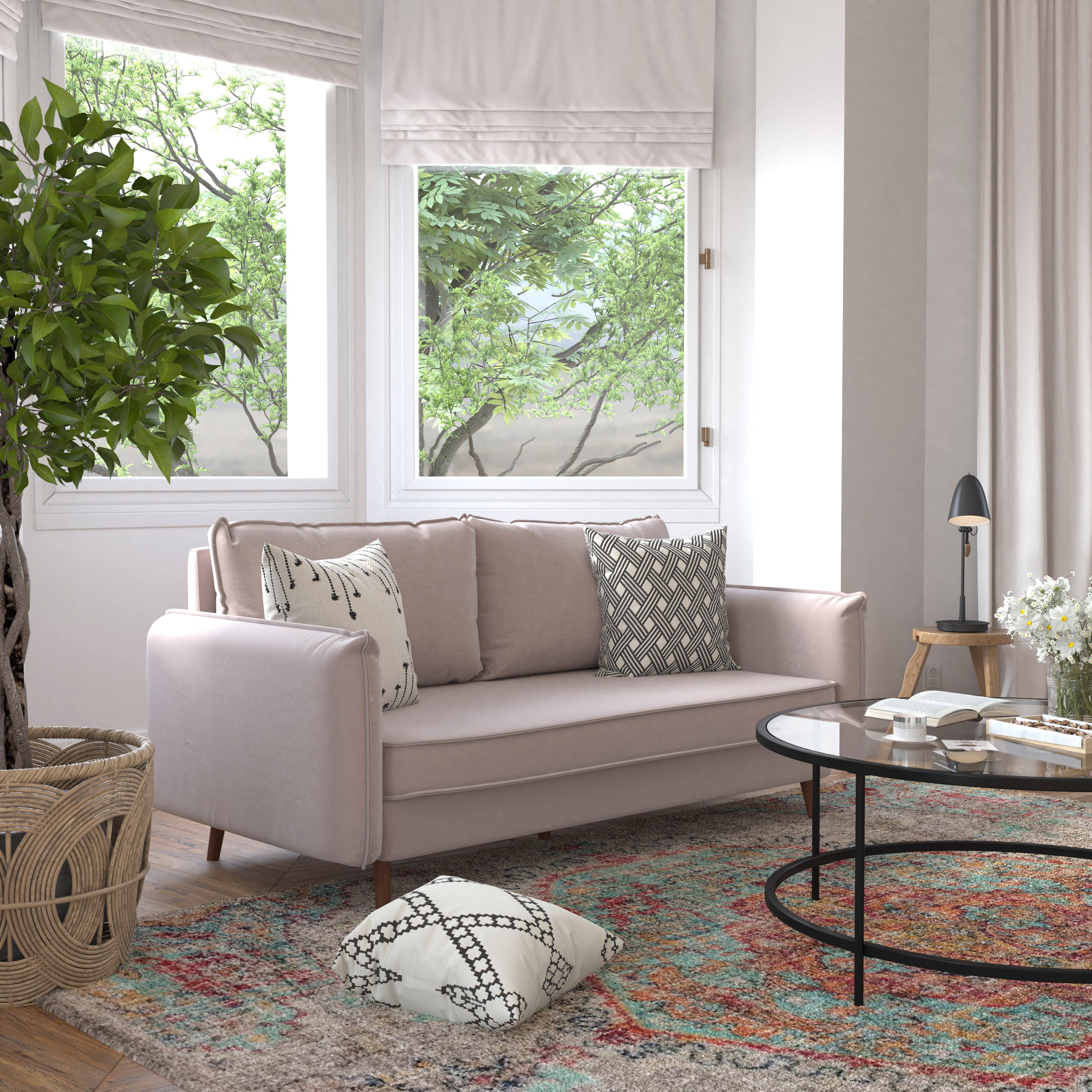 Evie Mid-Century Modern Sofa with Faux Linen Fabric Upholstery & Solid Wood Legs in Taupe