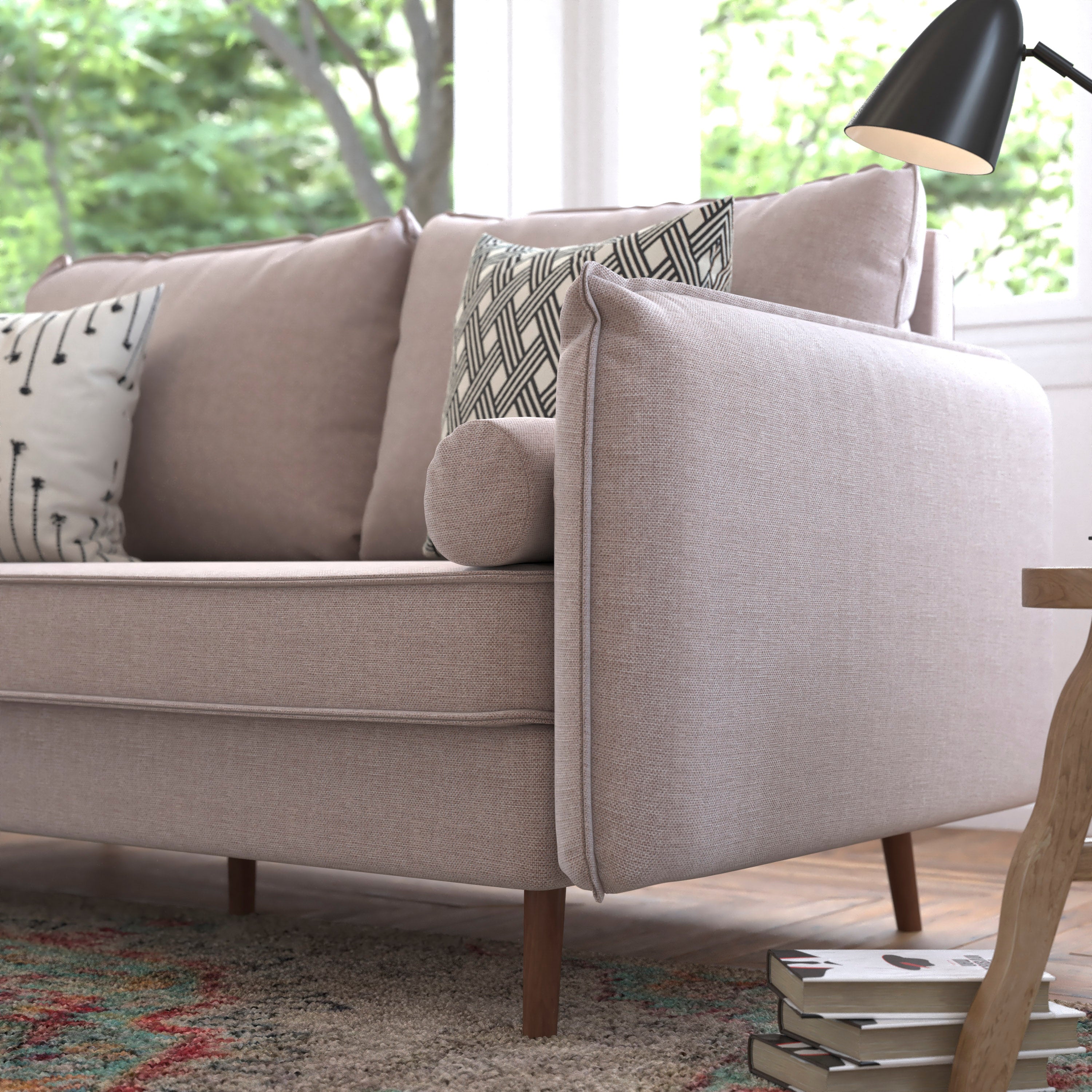 Evie Mid-Century Modern Sofa with Faux Linen Fabric Upholstery & Solid Wood Legs in Taupe