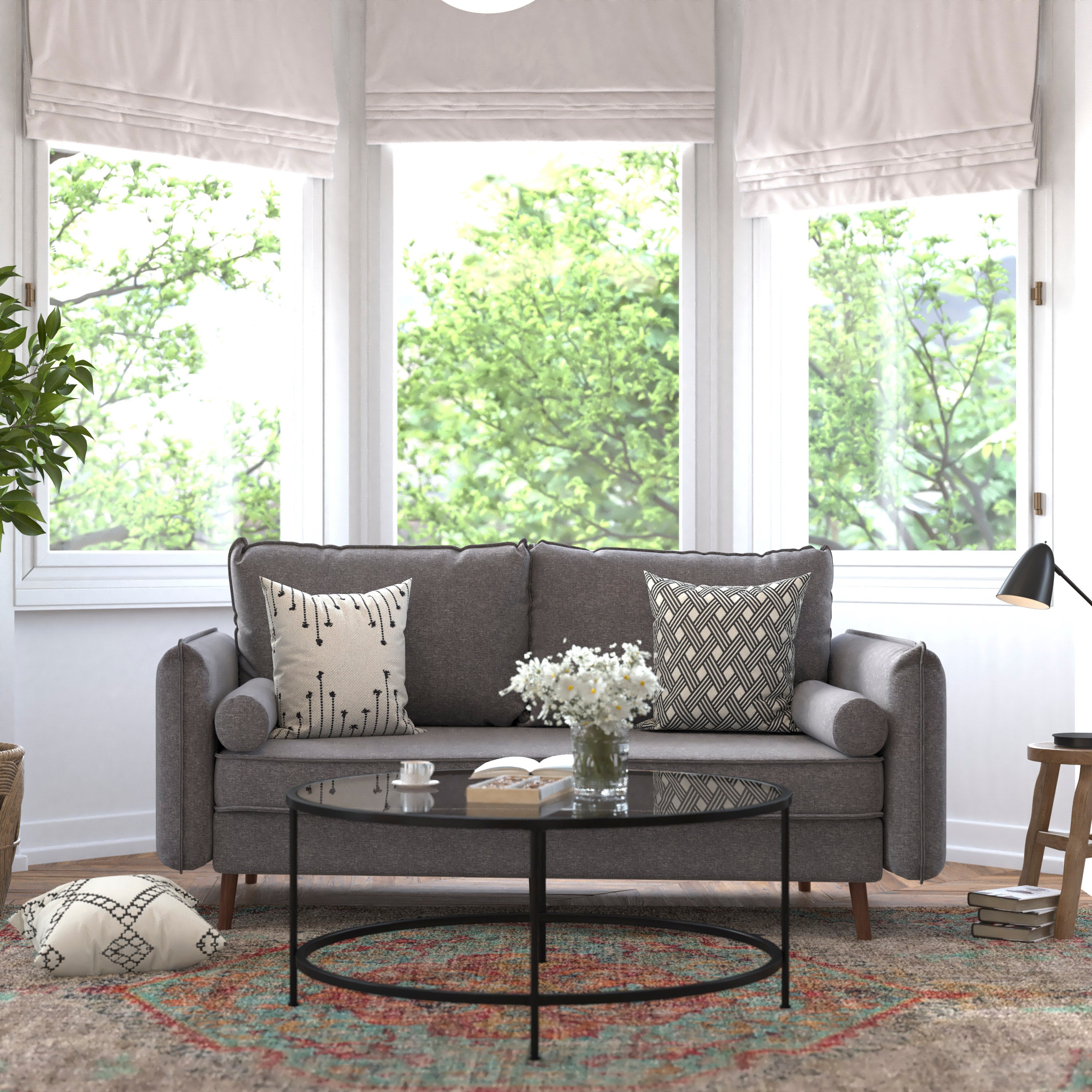 Evie Mid-Century Modern Sofa with Faux Linen Fabric Upholstery & Solid Wood Legs in Stone Gray