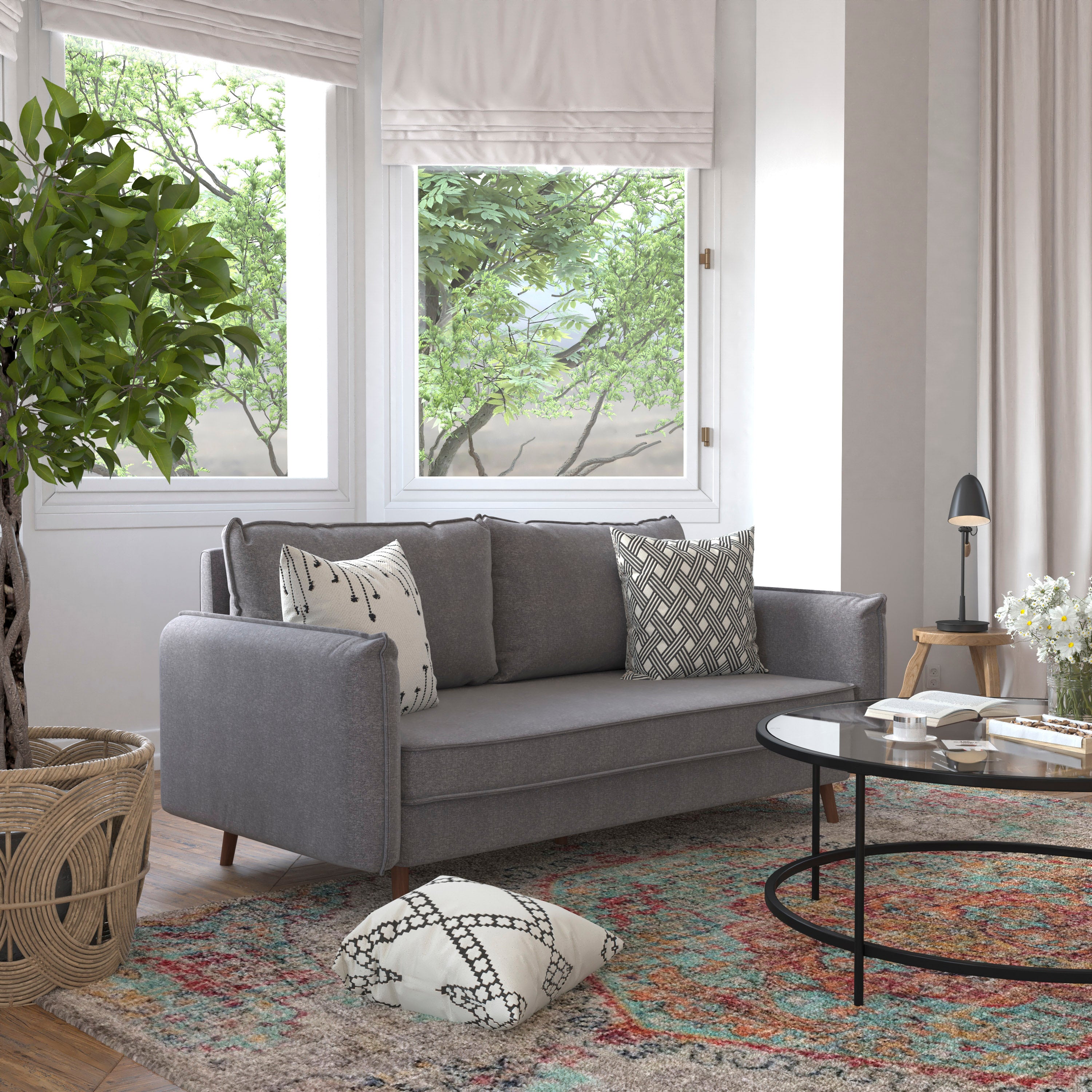 Evie Mid-Century Modern Sofa with Faux Linen Fabric Upholstery & Solid Wood Legs in Stone Gray