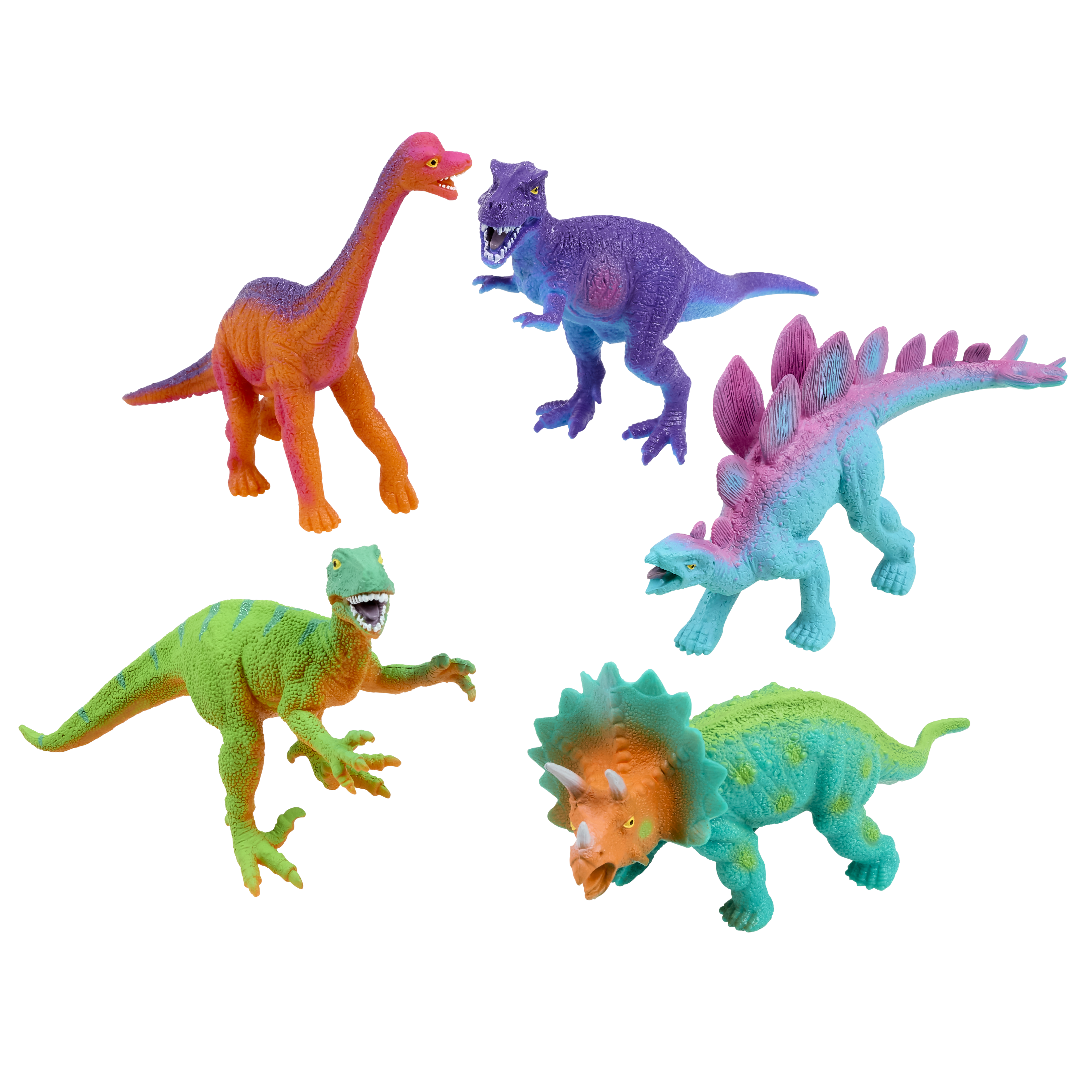 WOW in the World Premium Dino   contains 2 Brachiosaurus, 2 Stegosaurus, 2 T-Rex, 2 Triceratops, 2 Velociraptor