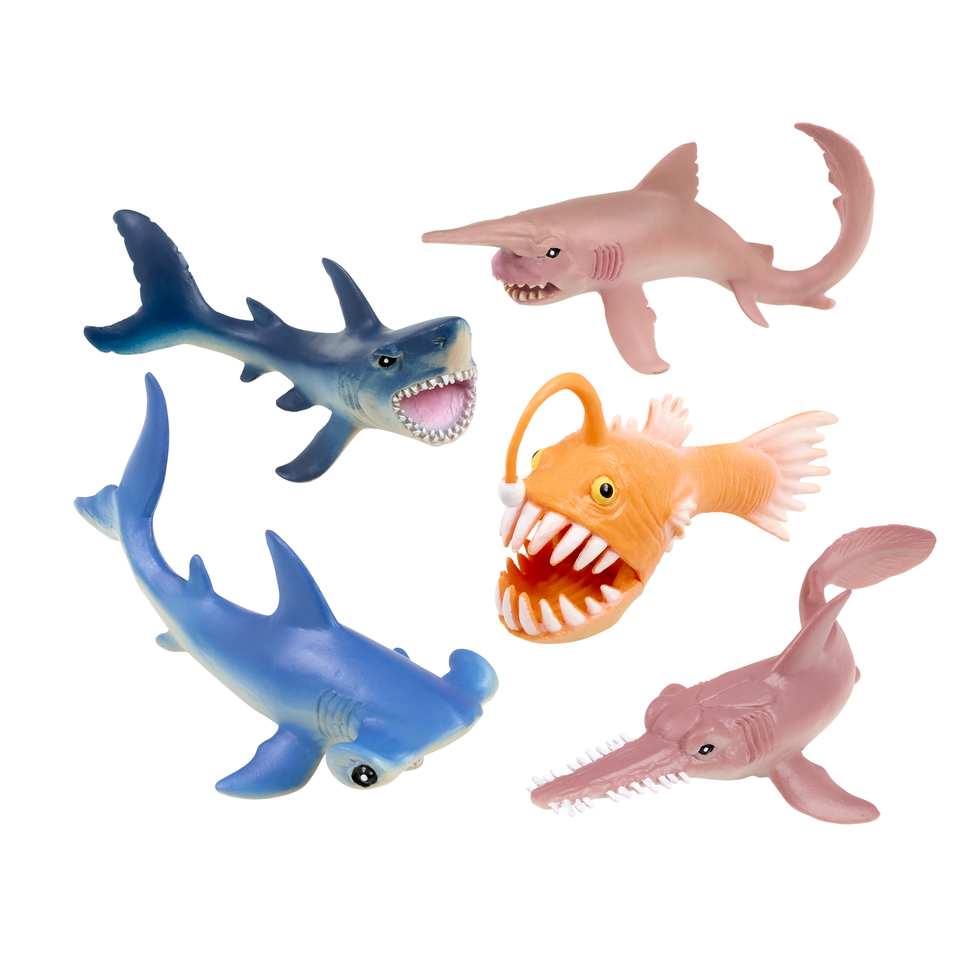 WOW in the World Premium Ocean   contains 2 Angler Fish, 2 Goblin Shark, 2 Great White Shark, 2 Hammerhead Shark, 2 Saw-tooth Shark