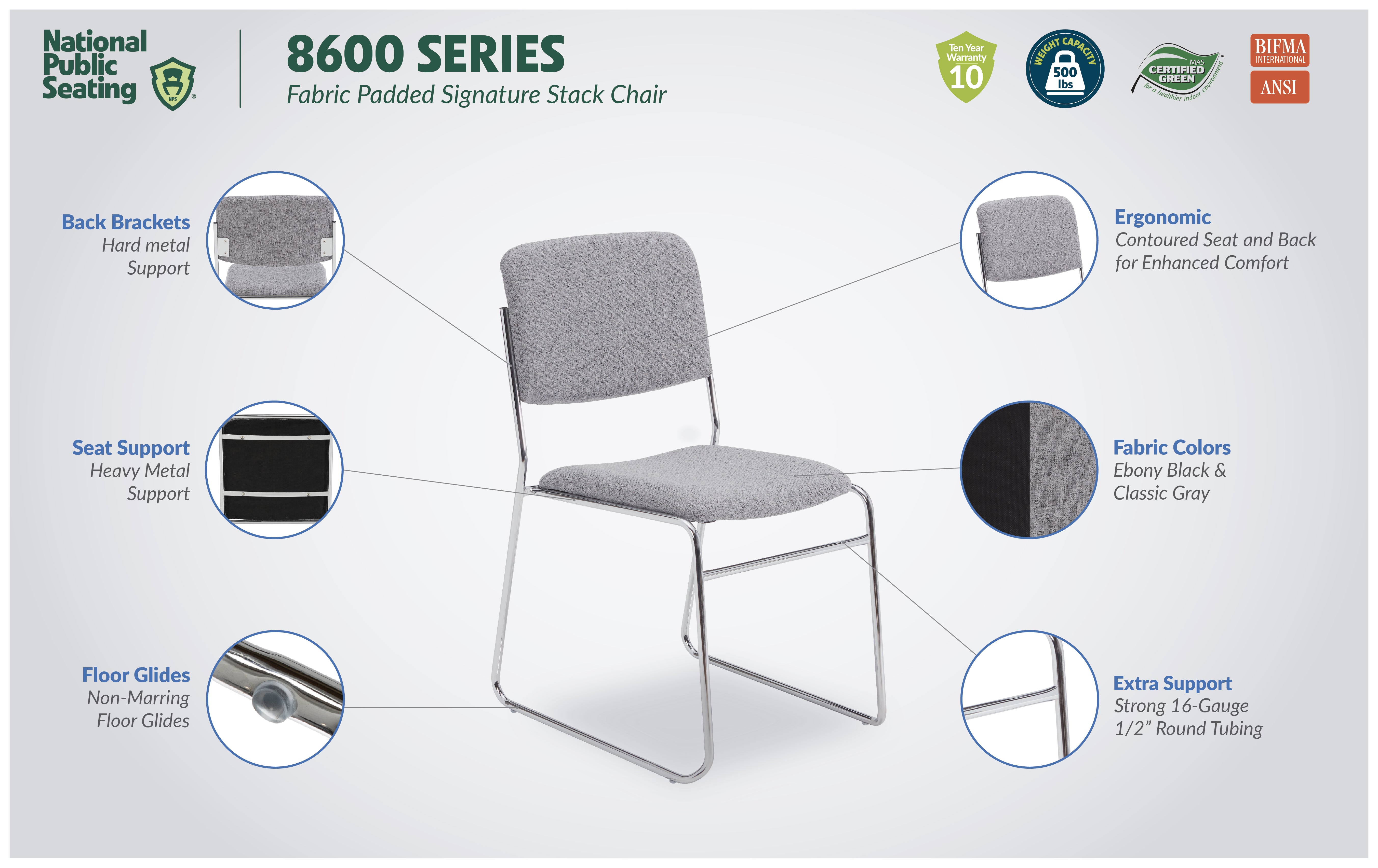 NPS® 8600 Series Fabric Padded Signature Stack Chair, Surface Color: Black , Frame Color: Chrome