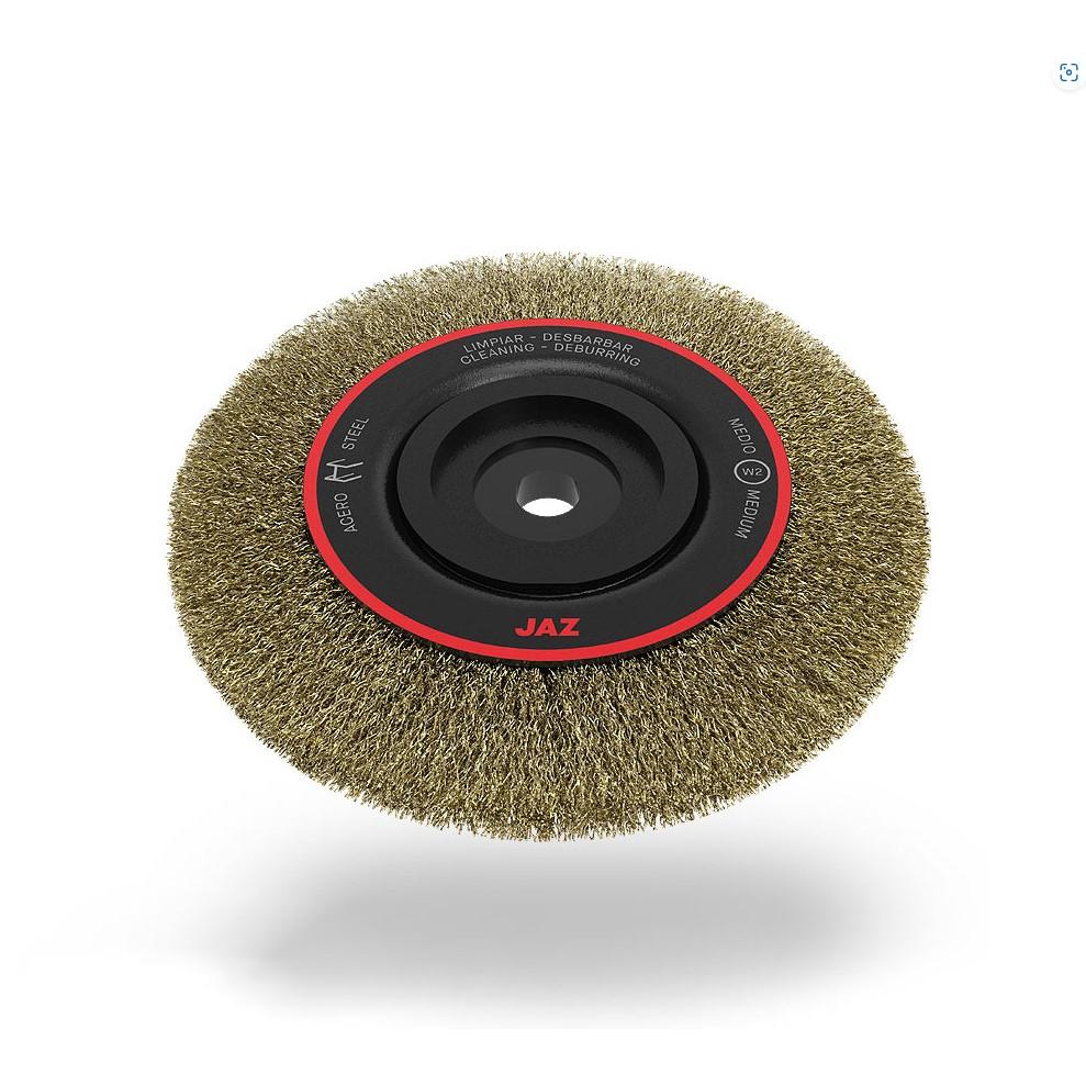 Jaz USA Crimped Wire Wheel Brush with Multi-Fitting Arbor, 8", .12" Material: Stainless Steel, 1-1/16" FW, 1/2" - 2" AH, Face Width: 1-5/8", Package qty: 1 per pack