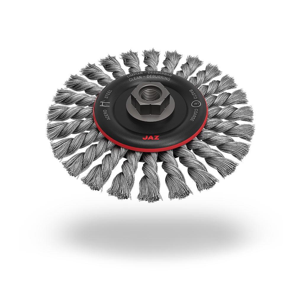 Jaz USA Twist Knot Wire Wheel Brush, Size: 6", Type: Regular twist knot wire wheel in individual package, Style: 24 Knots, Wire Size: .020", Material: Steel, Smooth Arbor Hole: 1/2"-5/8", Packaging Qty: 1 per each