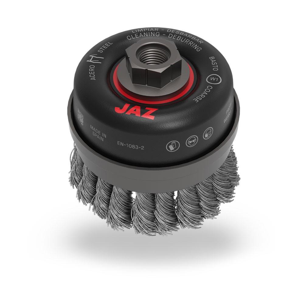 JAZ 5" Twist Knot Wire Cup Brush, w/Bridle, .020" Steel, 5/8"-11 A.H., Display Package