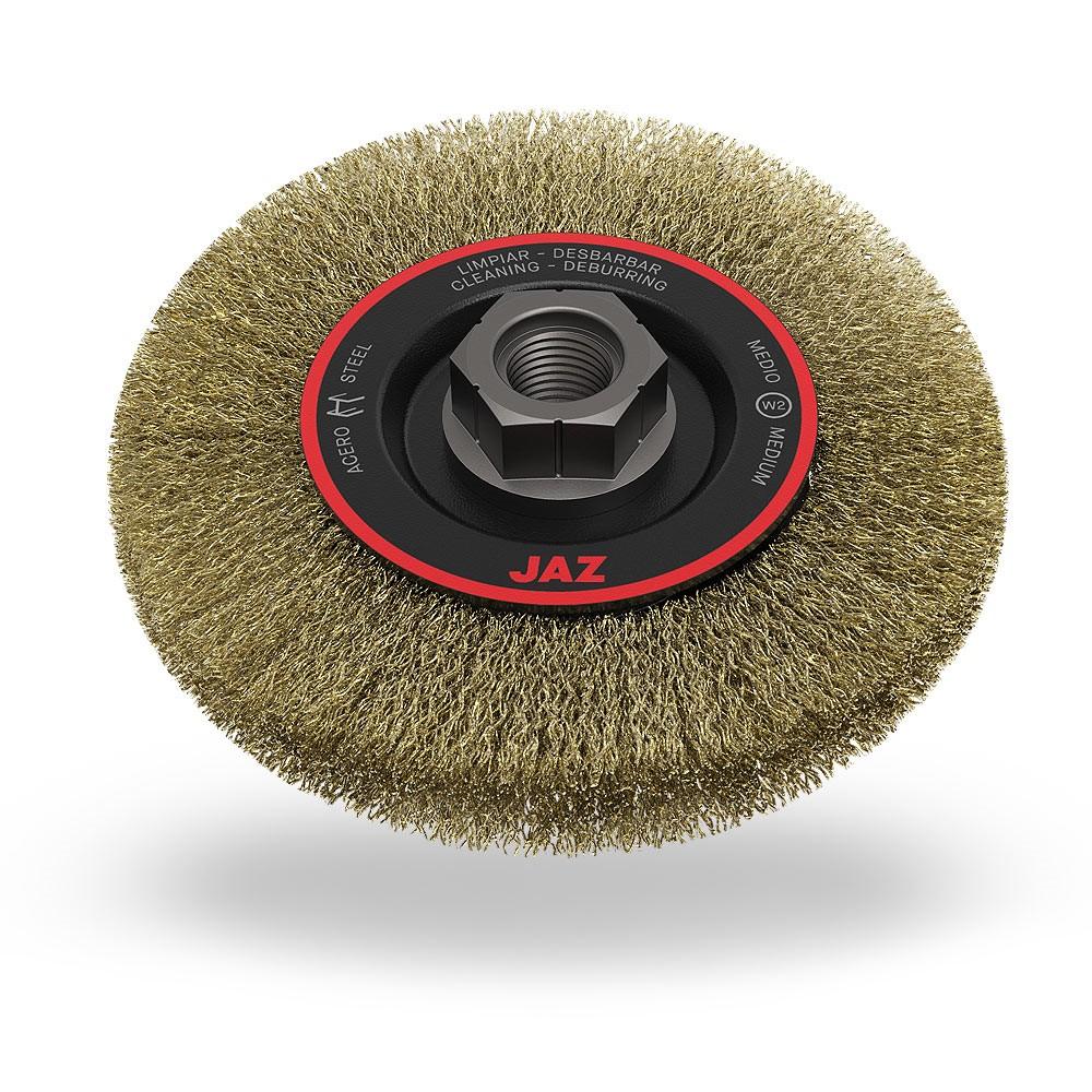 Jaz USA Crimped Wire Cup Brush, Type: 3" Crimped wire cup brush, Wire Size: .012", Material: Stainless Steel, Arbor Hole: 5/8"-11 & M14 x 2.0
