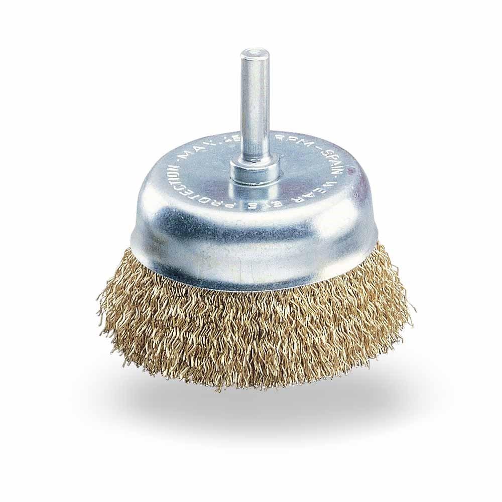 Jaz USA Cup Brush, Type: 3" Crimped wire cup brush, Wire Size: 0.012", Arbor: 1/4" Type: DIY Stem Mounted Crimped Wire Cup Brush with 1/4" ShankPackage Type: Clamshell