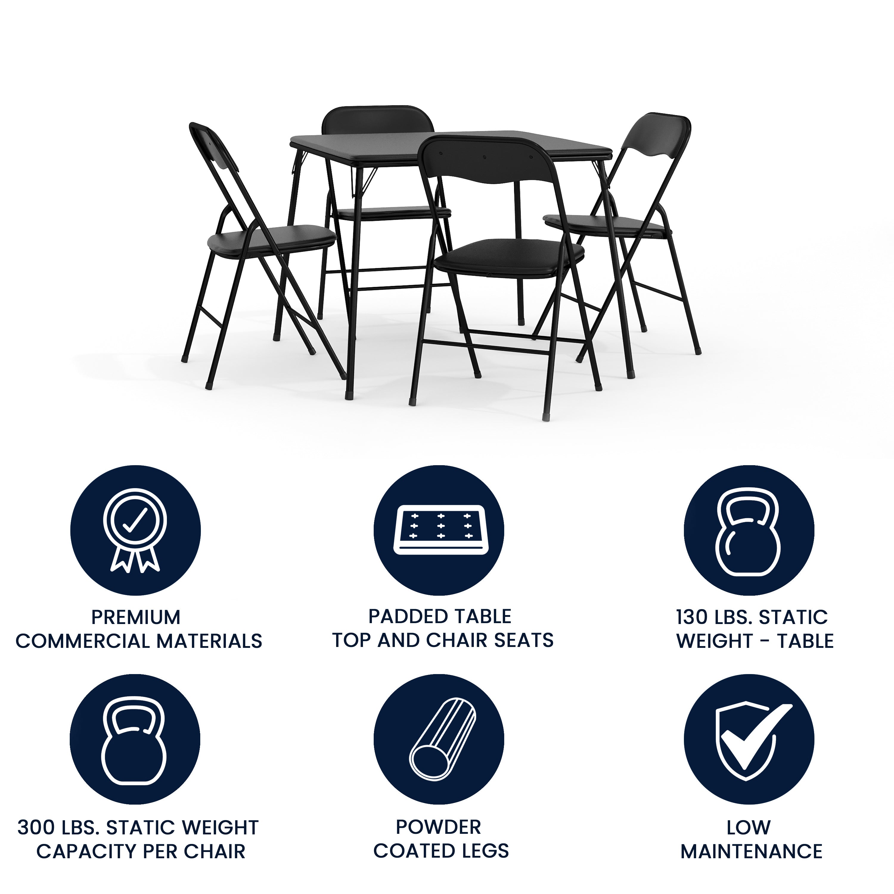 Madison 5 Piece Black Folding Card Table and Chair Set with 4 Metal Padded Folding Chairs and Square Table