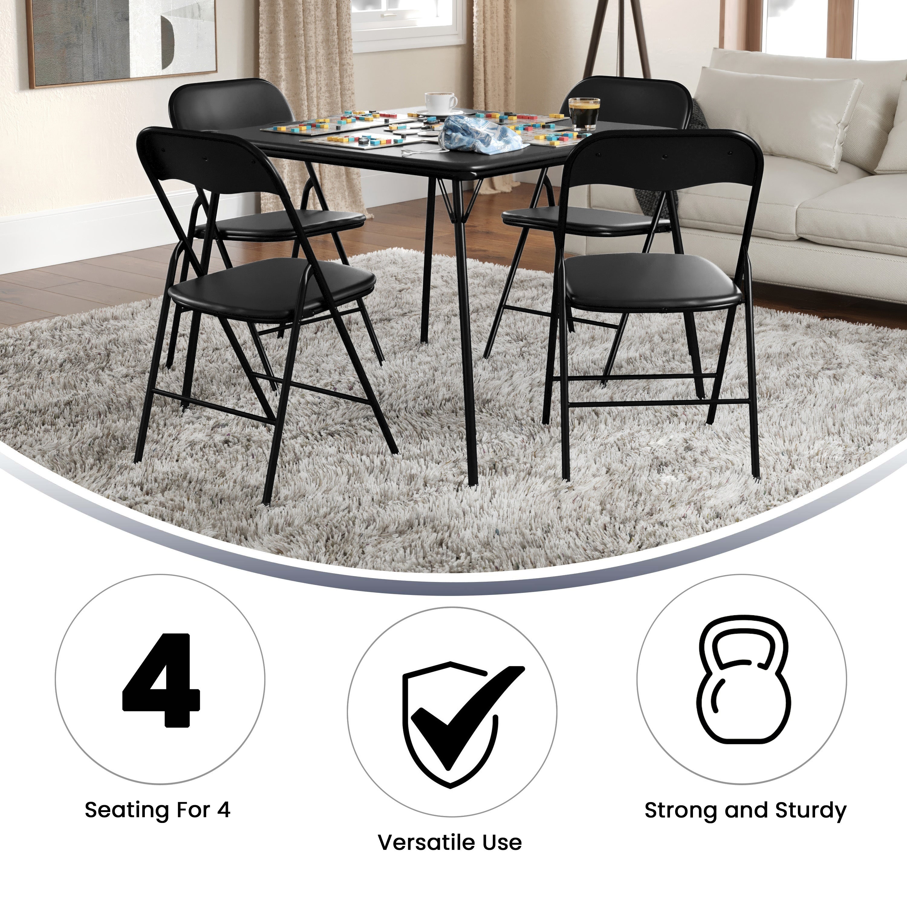 Madison 5 Piece Black Folding Card Table and Chair Set with 4 Metal Padded Folding Chairs and Square Table