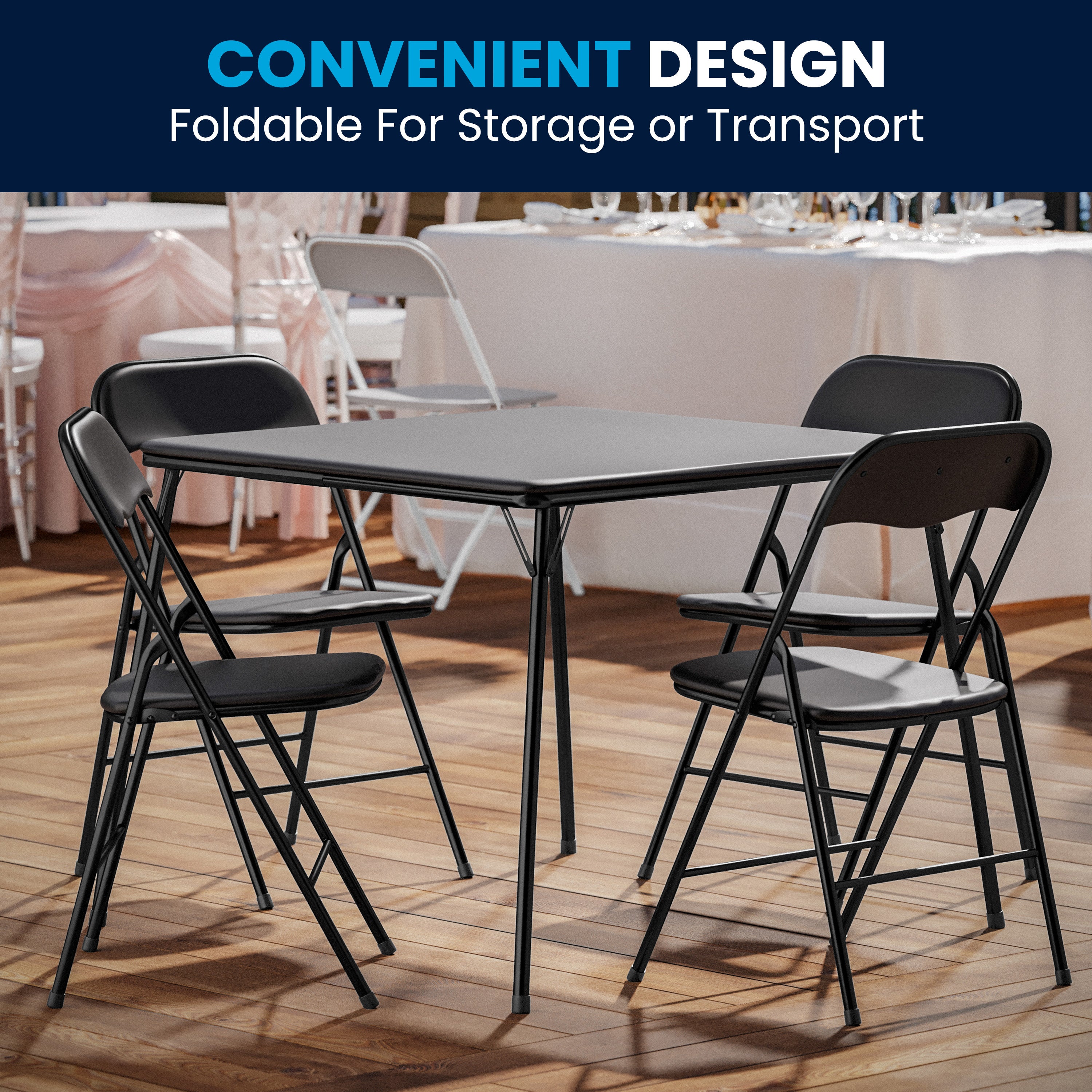 Madison 5 Piece Black Folding Card Table and Chair Set with 4 Metal Padded Folding Chairs and Square Table