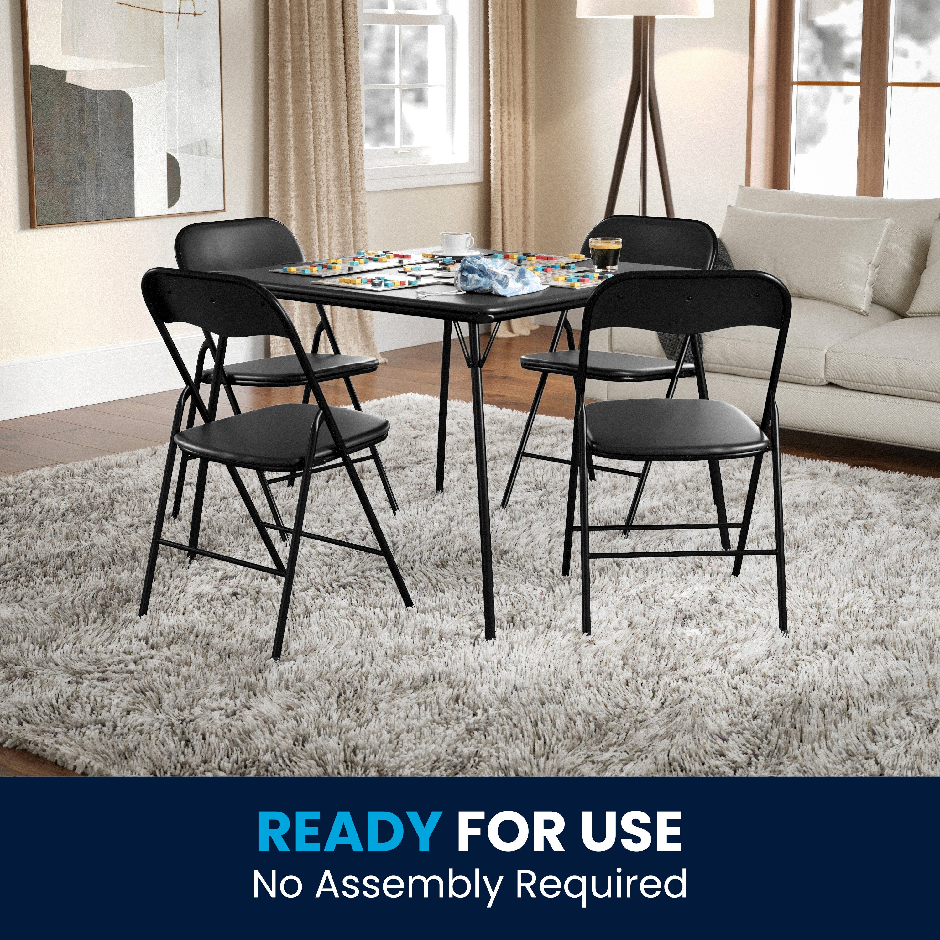 Madison 5 Piece Black Folding Card Table and Chair Set with 4 Metal Padded Folding Chairs and Square Table
