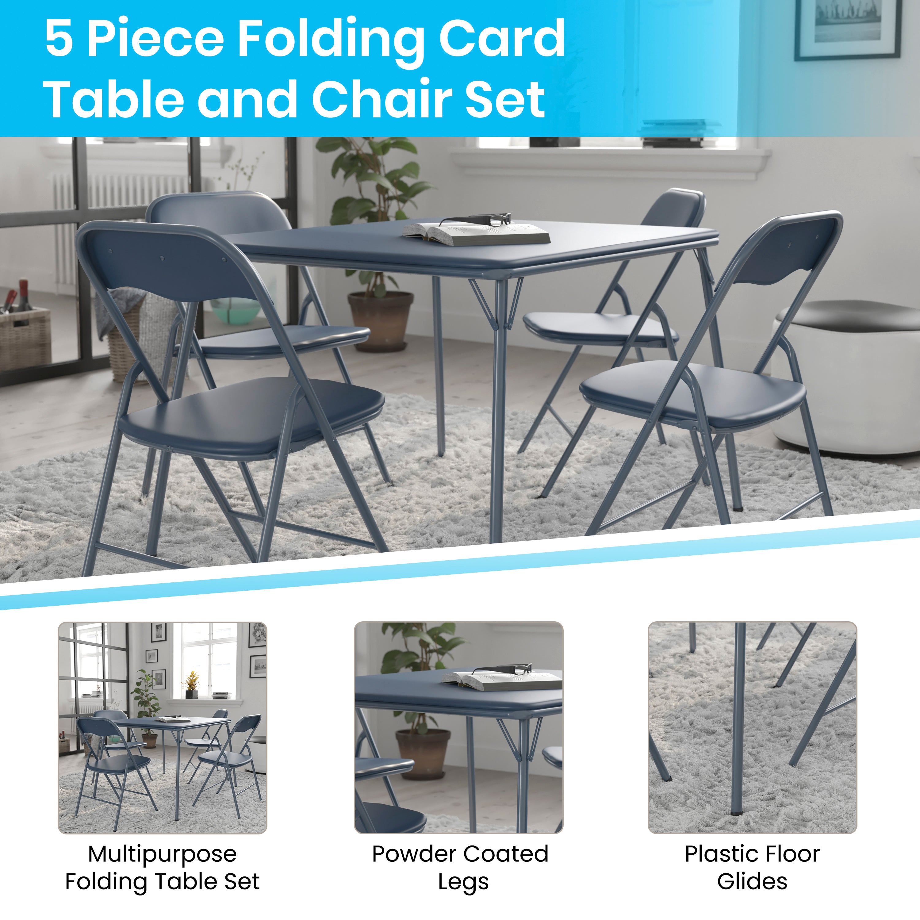 Madison 5 Piece Navy Folding Card Table and Chair Set
