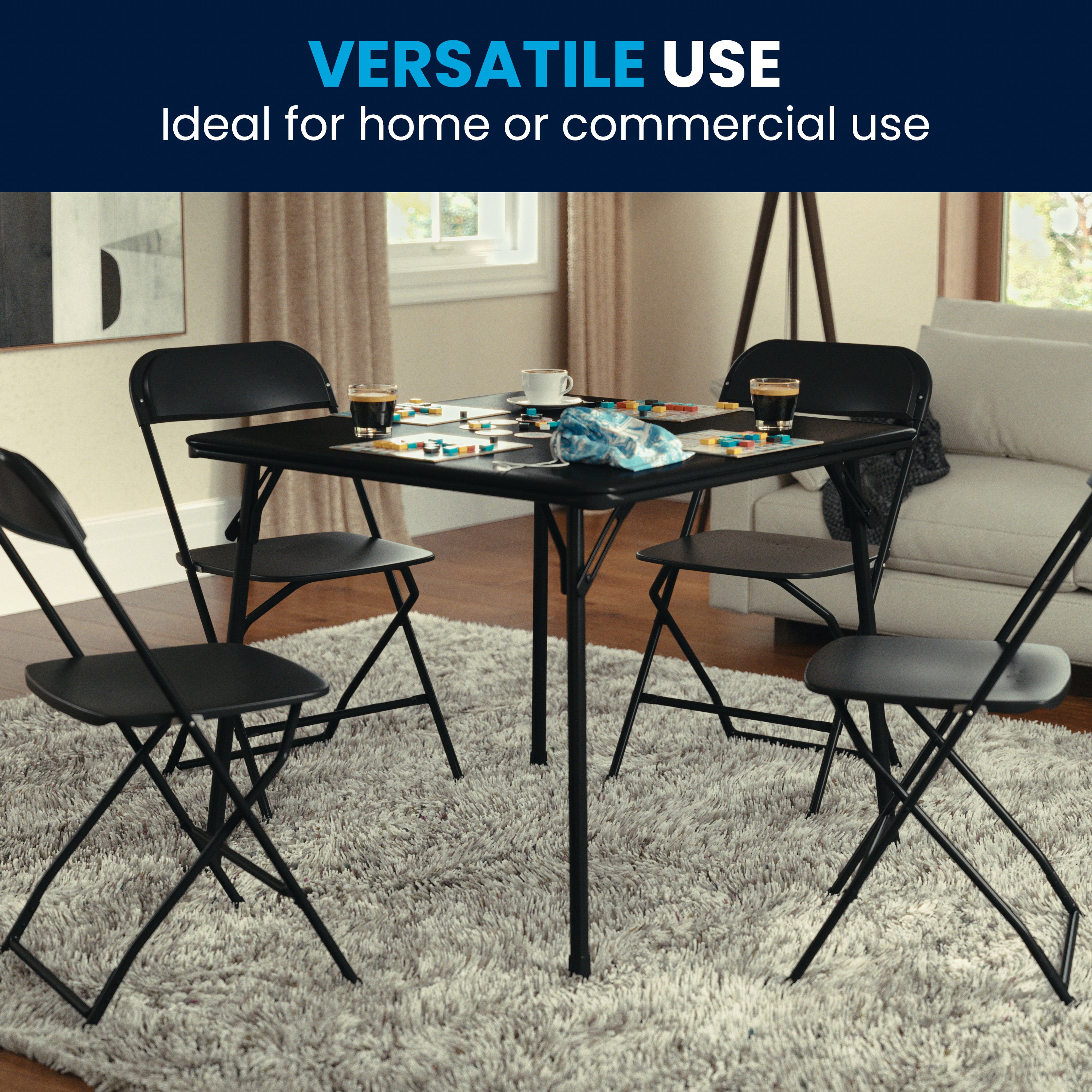 Madelyn Black 33.5" Folding Card Table for 4 with Foldable Legs and Portable Lightweight Design