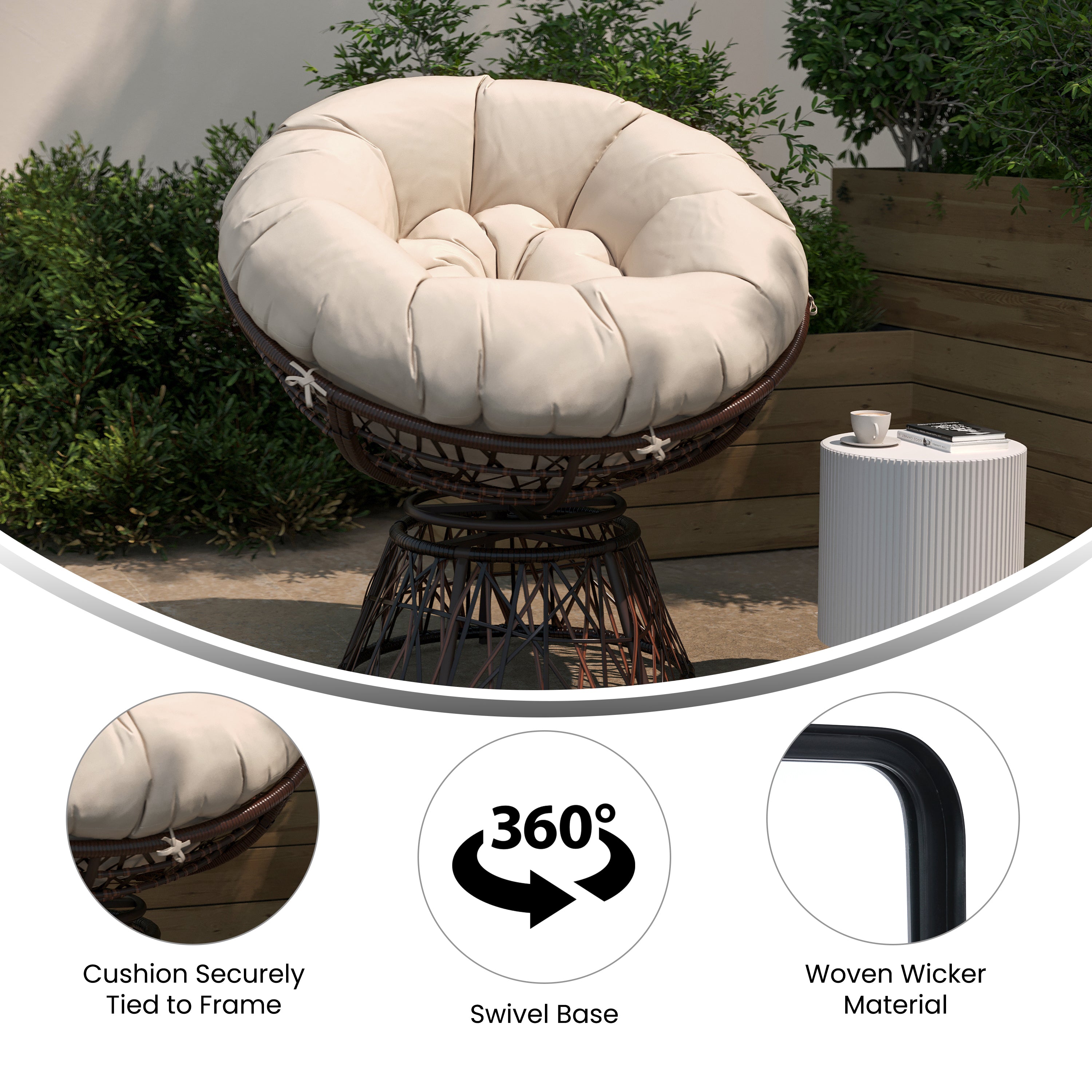 Bowie Comfort Series Brown Swivel Patio Chair with Beige Cushion