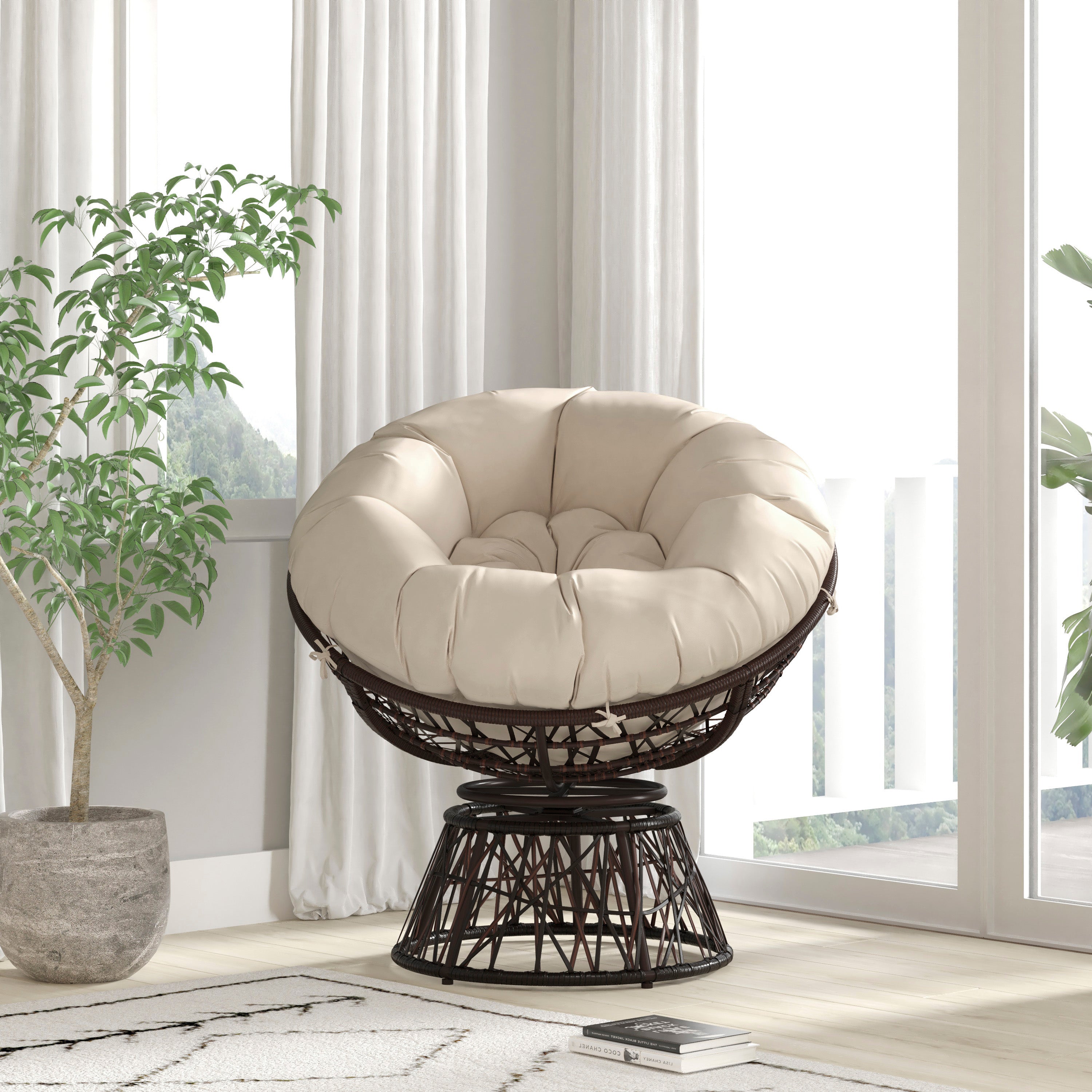 Bowie Comfort Series Brown Swivel Patio Chair with Beige Cushion