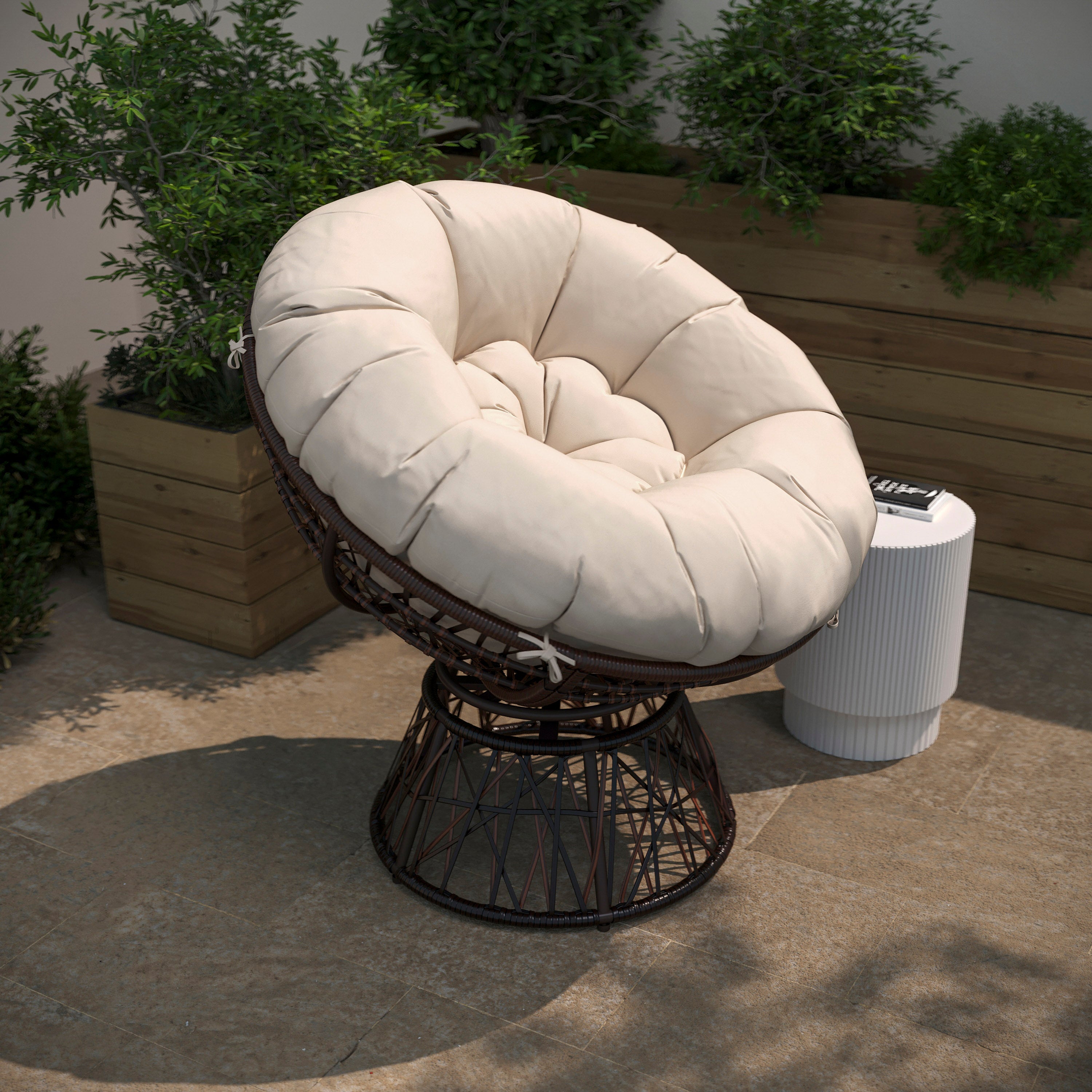 Bowie Comfort Series Brown Swivel Patio Chair with Beige Cushion