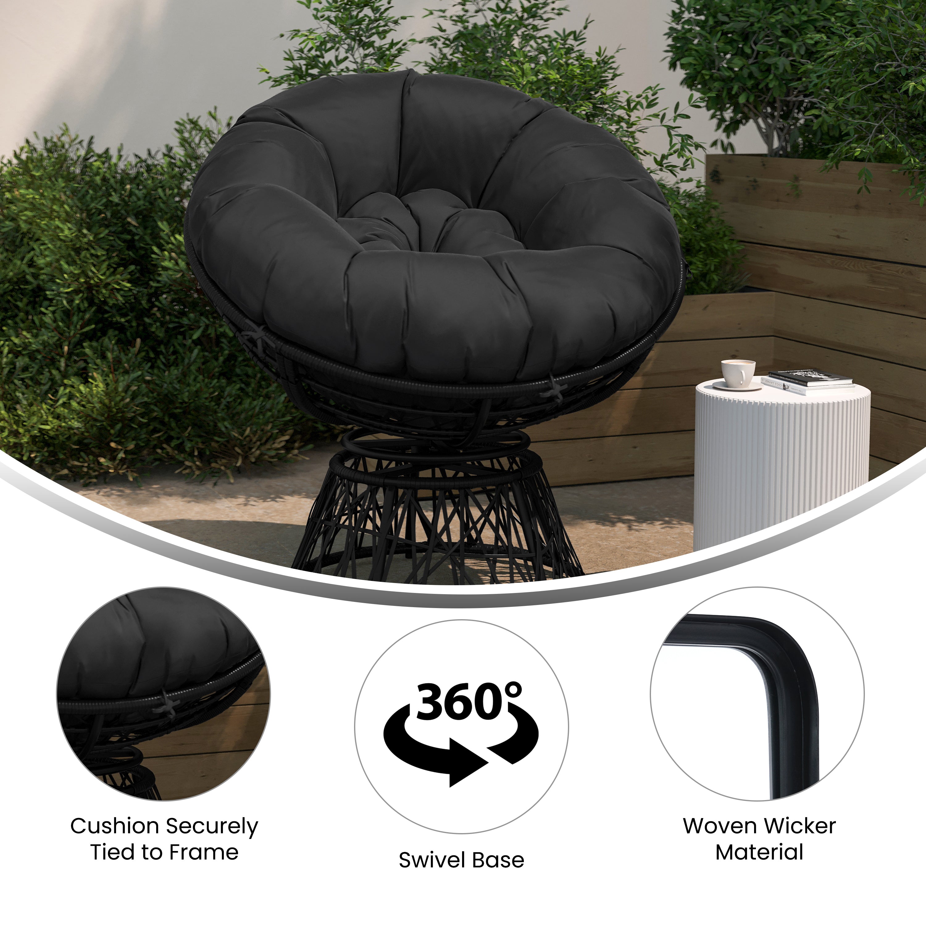 Bowie Comfort Series Black Swivel Patio Chair with Black Cushion