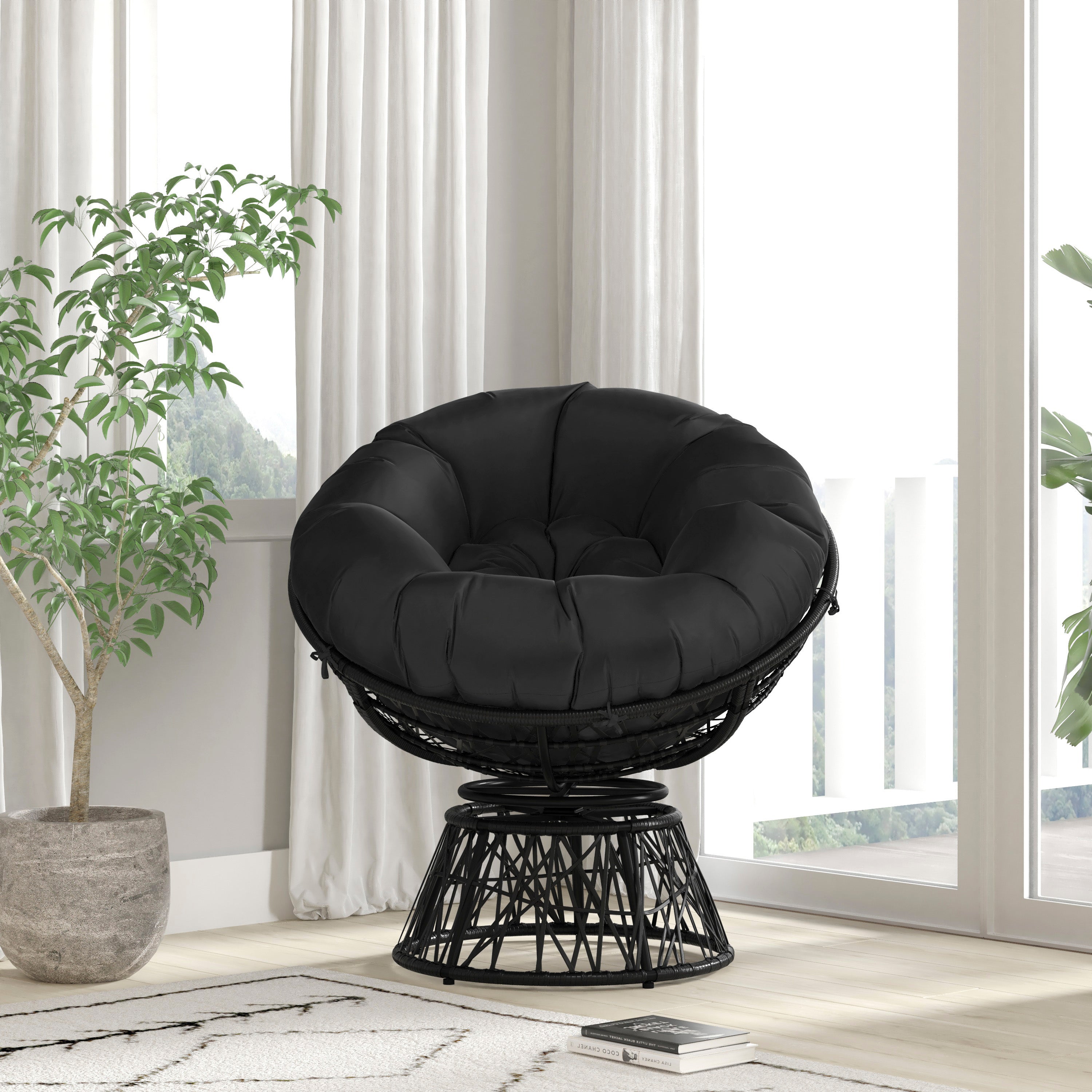 Bowie Comfort Series Black Swivel Patio Chair with Black Cushion
