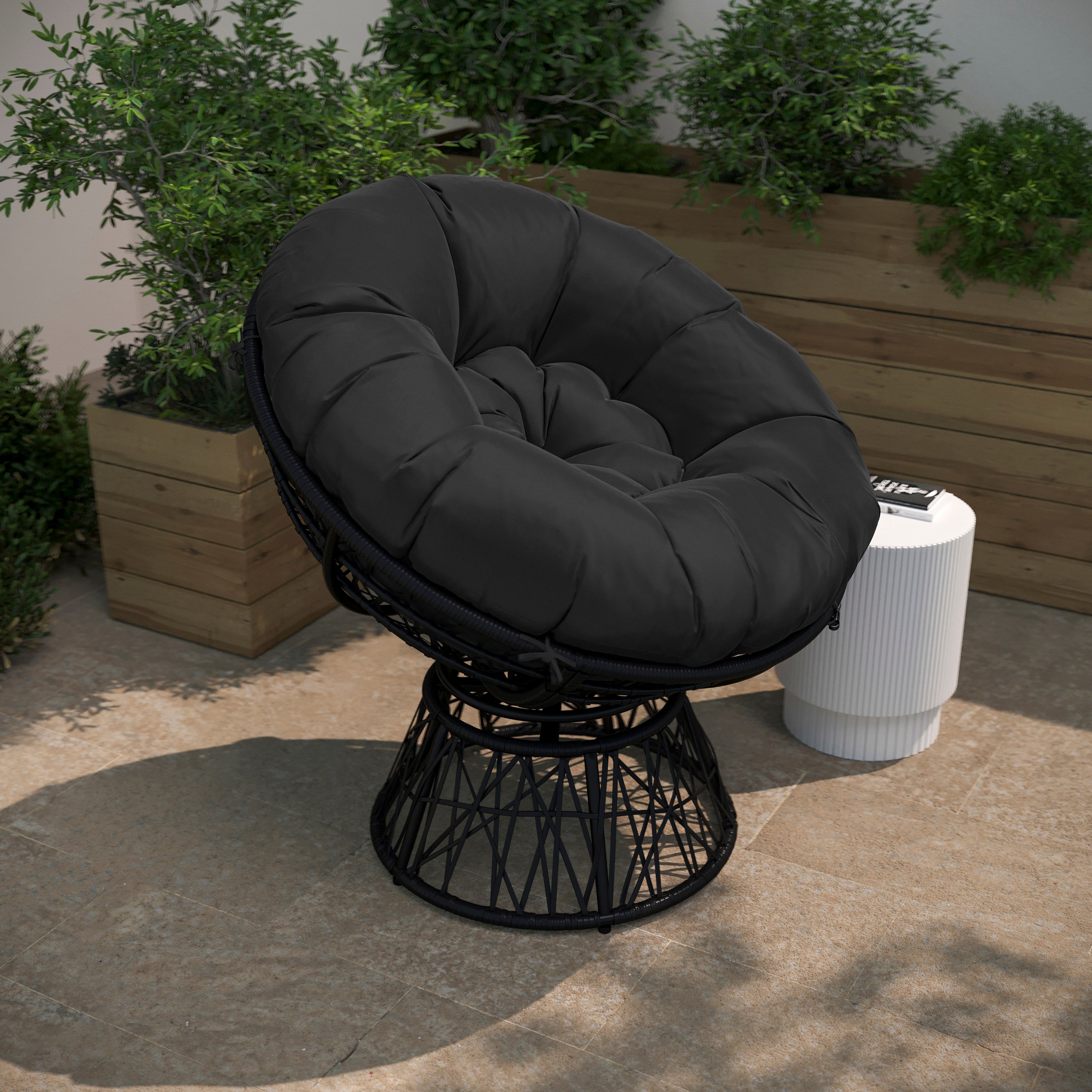 Bowie Comfort Series Black Swivel Patio Chair with Black Cushion