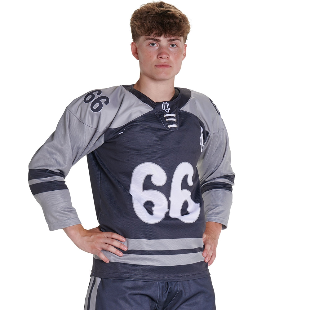 Juice Elite Faux Lace Neck Hockey Jersey - Mock Mesh/Tek-Knit - Youth - Goalie (Full-Dye, Premium cut-and-sew Sublimation. No Limitations!)