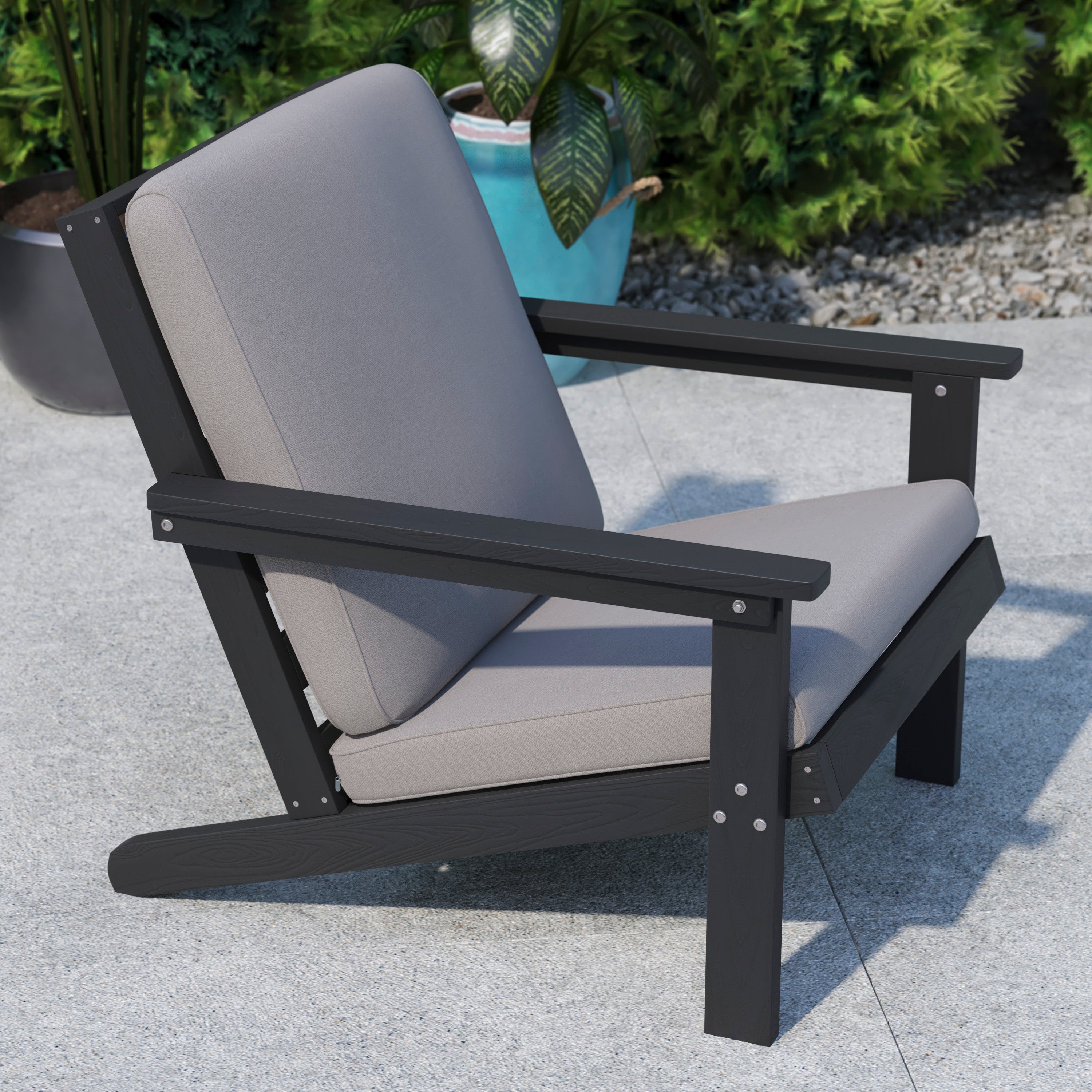 Charlestown All-Weather Poly Resin Wood Adirondack Style Deep Seat Patio Club Chair with Cushions, Black/Charcoal