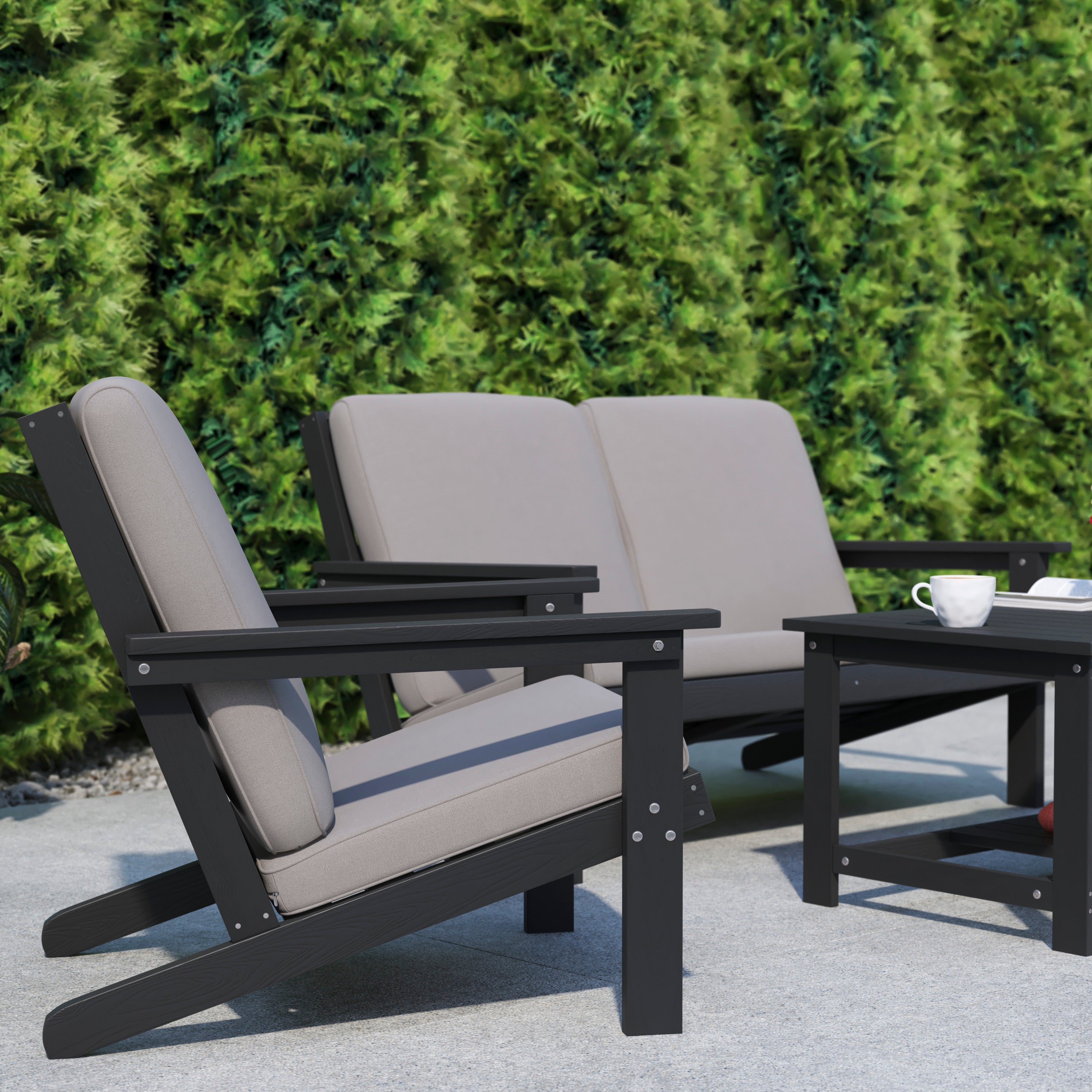 Charlestown All-Weather Poly Resin Wood Adirondack Style Deep Seat Patio Club Chair with Cushions, Black/Charcoal