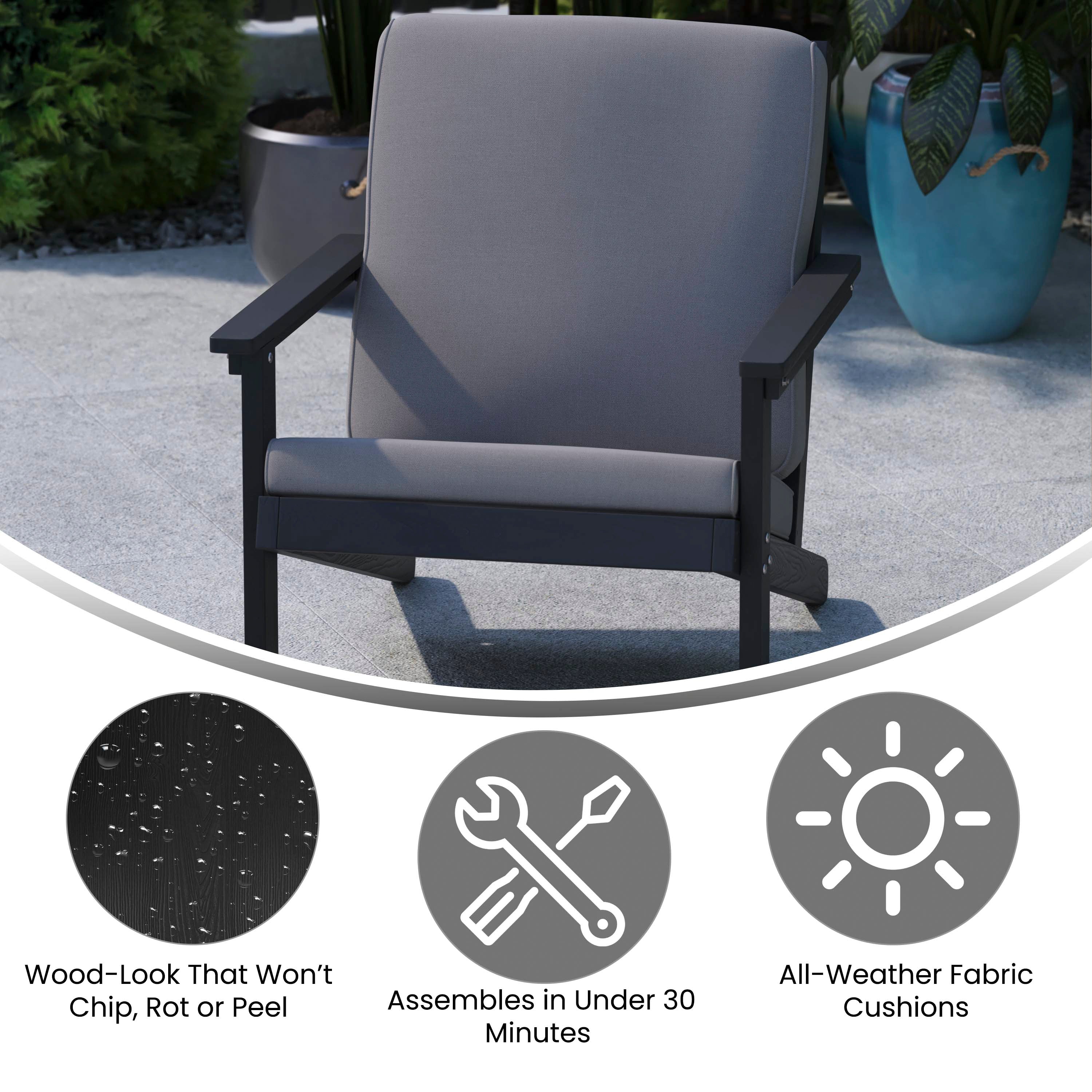 Charlestown All-Weather Poly Resin Wood Adirondack Style Deep Seat Patio Club Chair with Cushions, Black/Charcoal