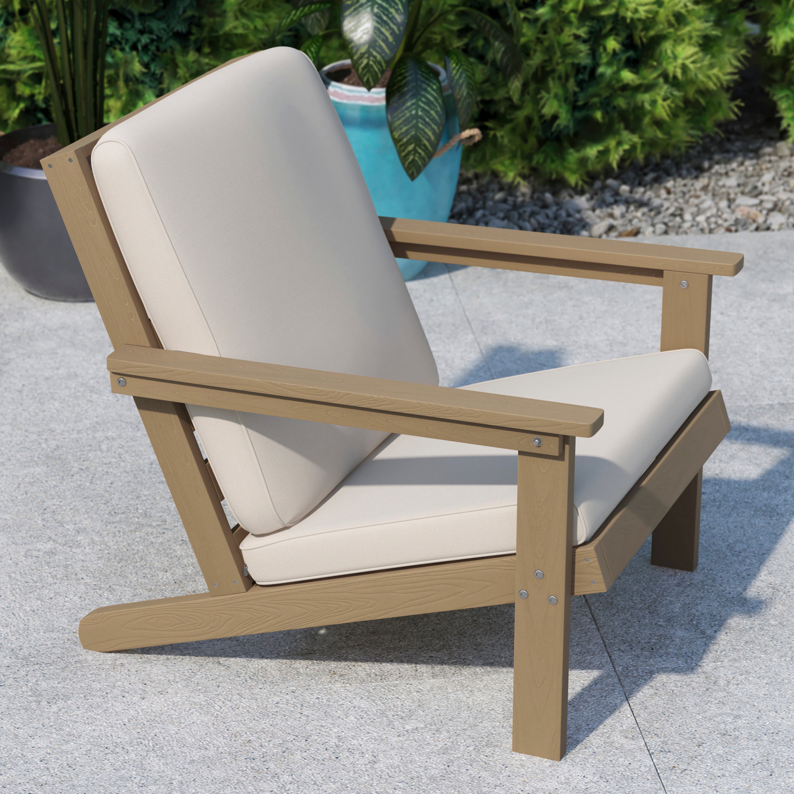 Charlestown All-Weather Poly Resin Wood Adirondack Style Deep Seat Patio Club Chair with Cushions, Natural Cedar/Cream