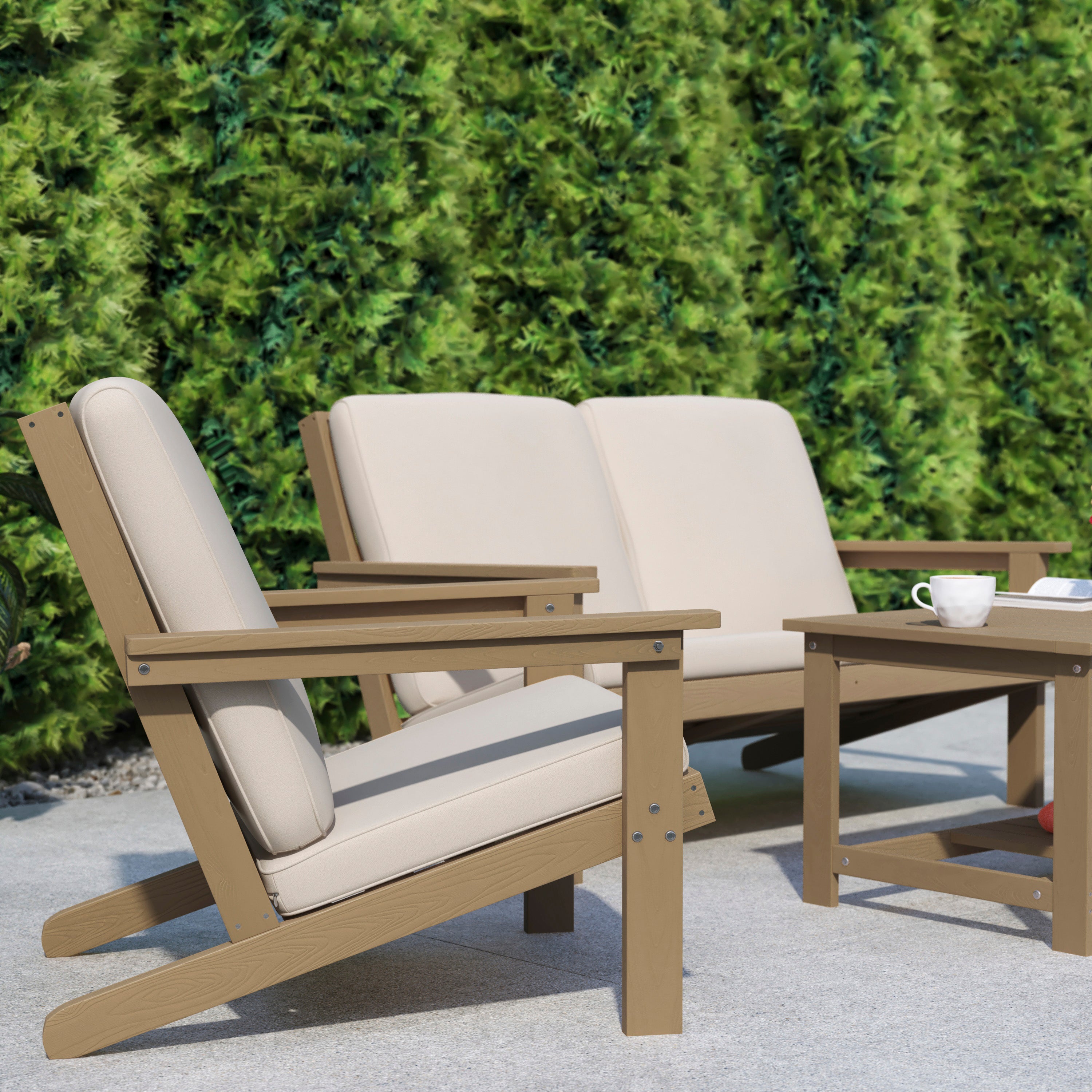 Charlestown All-Weather Poly Resin Wood Adirondack Style Deep Seat Patio Club Chair with Cushions, Natural Cedar/Cream