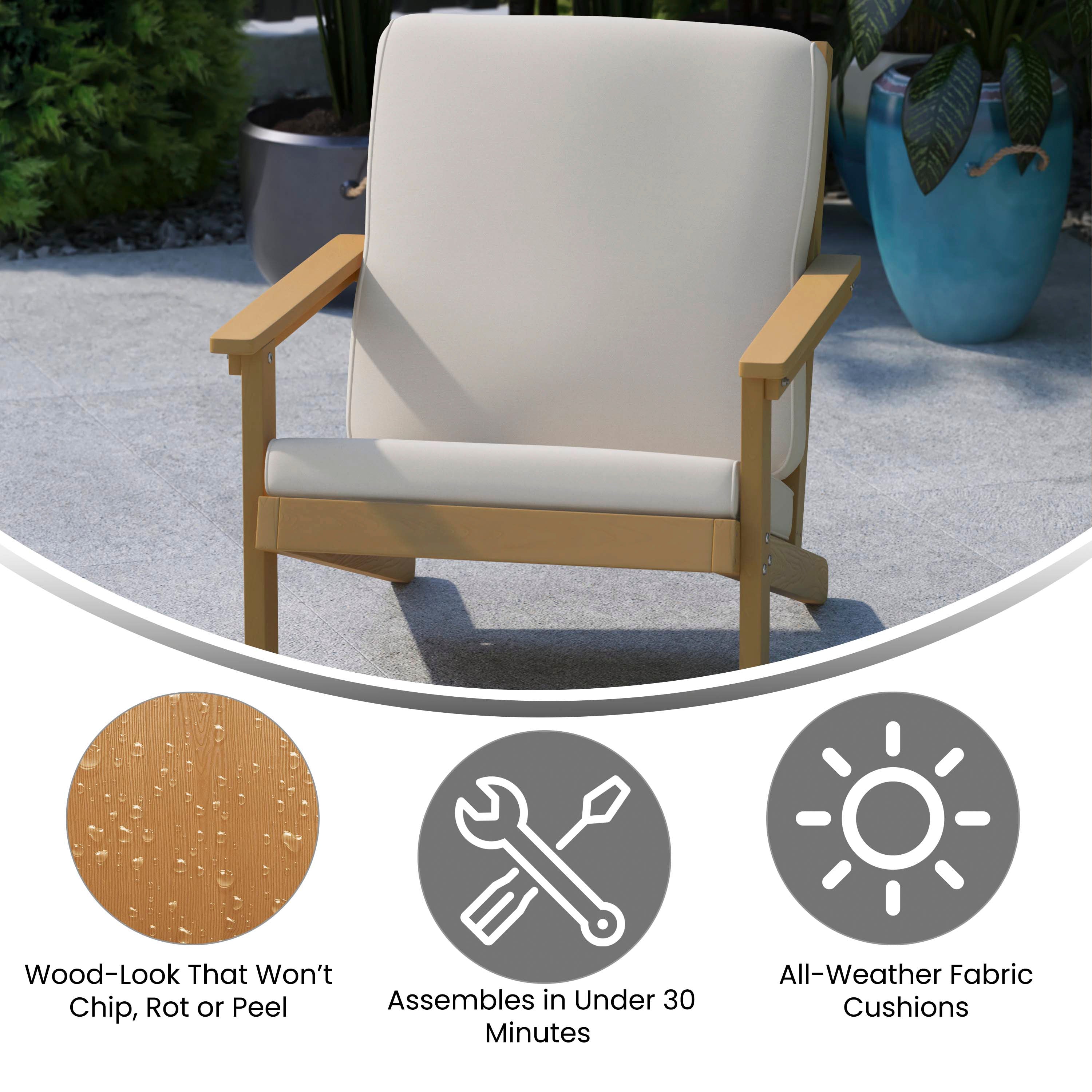 Charlestown All-Weather Poly Resin Wood Adirondack Style Deep Seat Patio Club Chair with Cushions, Natural Cedar/Cream