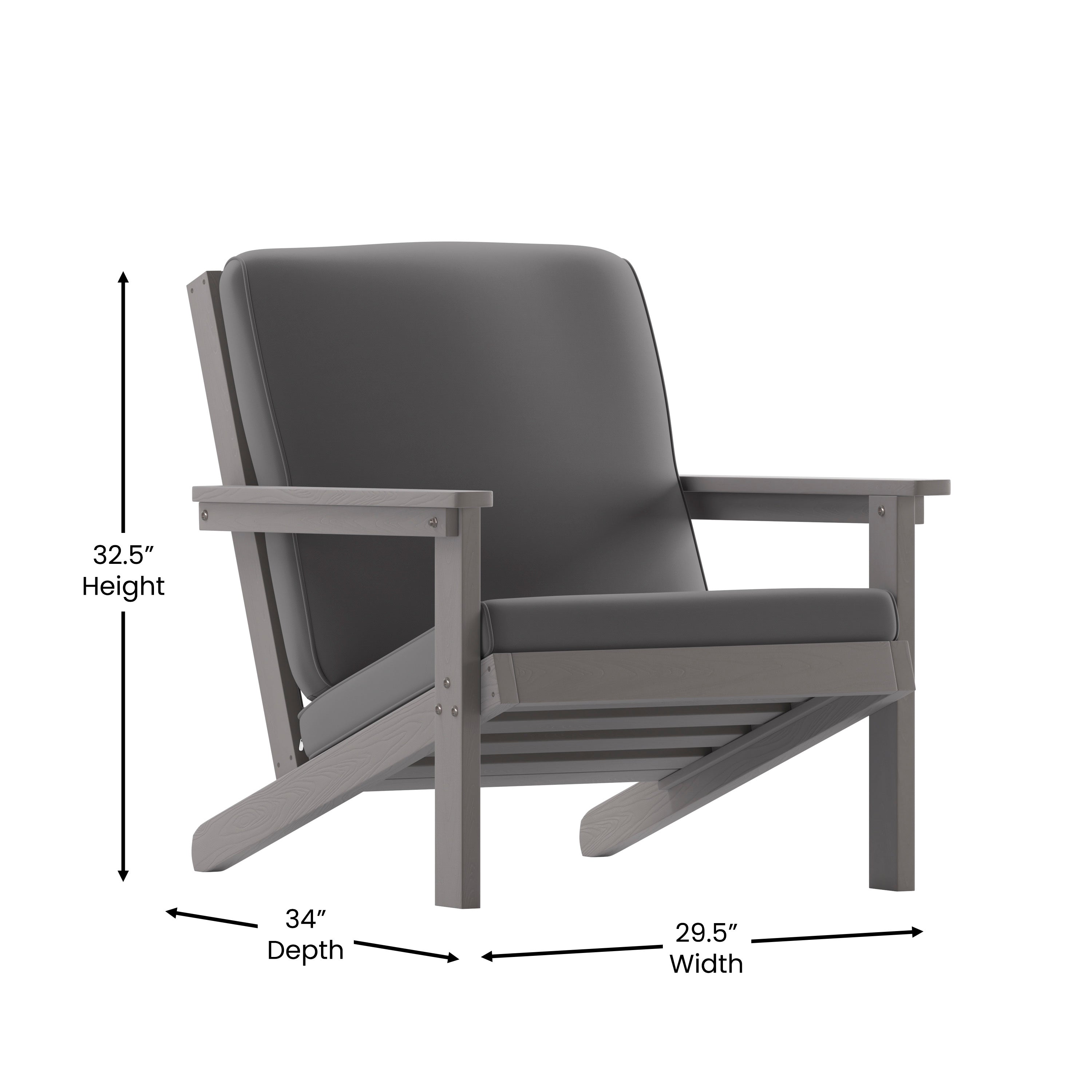 Charlestown All-Weather Poly Resin Wood Adirondack Style Deep Seat Patio Club Chair with Cushions, Gray/Gray