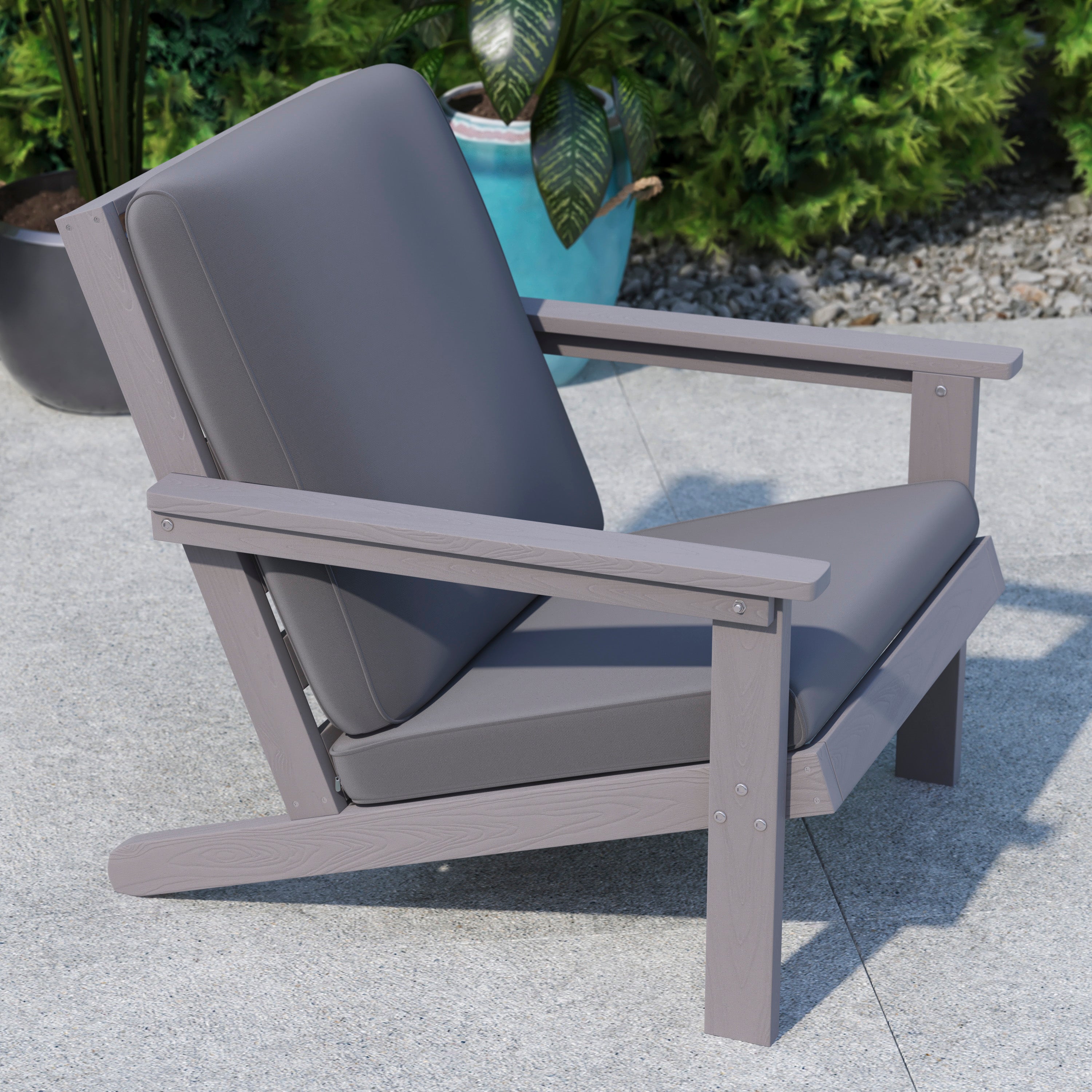 Charlestown All-Weather Poly Resin Wood Adirondack Style Deep Seat Patio Club Chair with Cushions, Gray/Gray