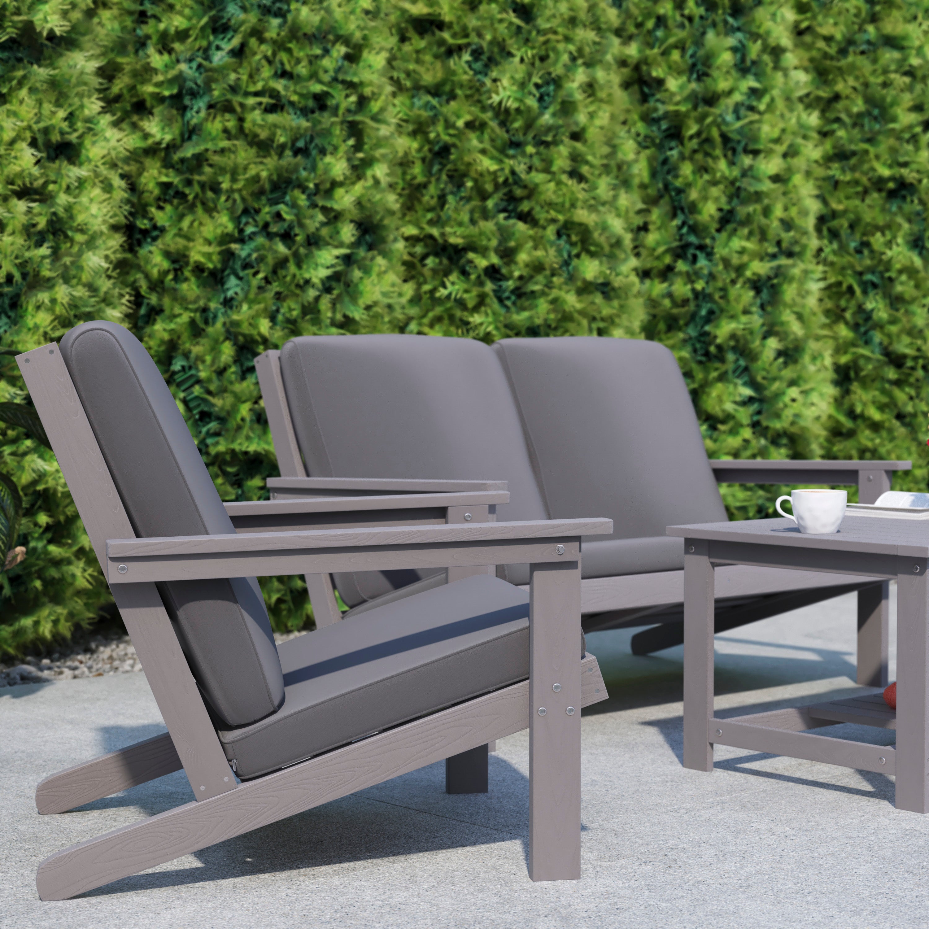 Charlestown All-Weather Poly Resin Wood Adirondack Style Deep Seat Patio Club Chair with Cushions, Gray/Gray