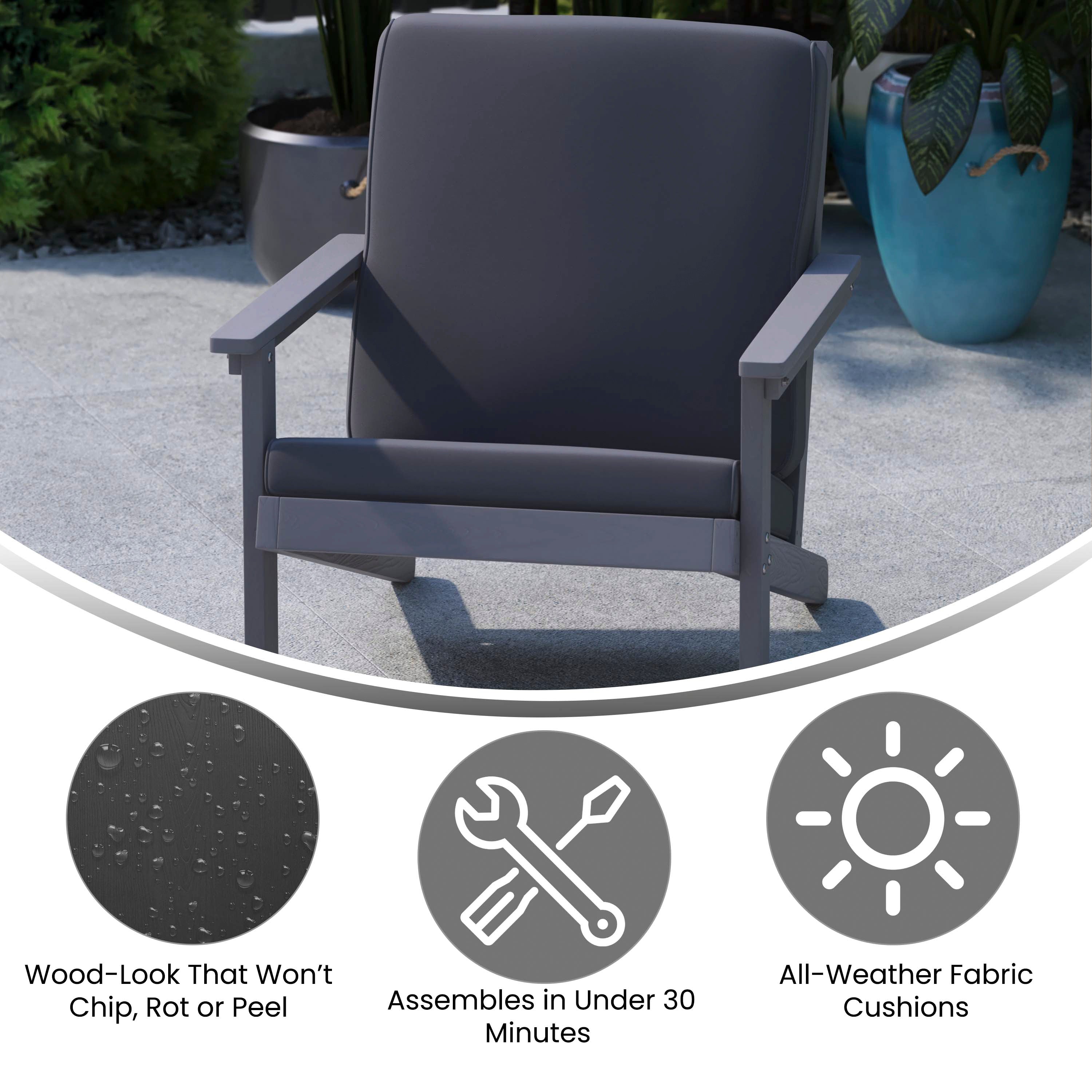 Charlestown All-Weather Poly Resin Wood Adirondack Style Deep Seat Patio Club Chair with Cushions, Gray/Gray