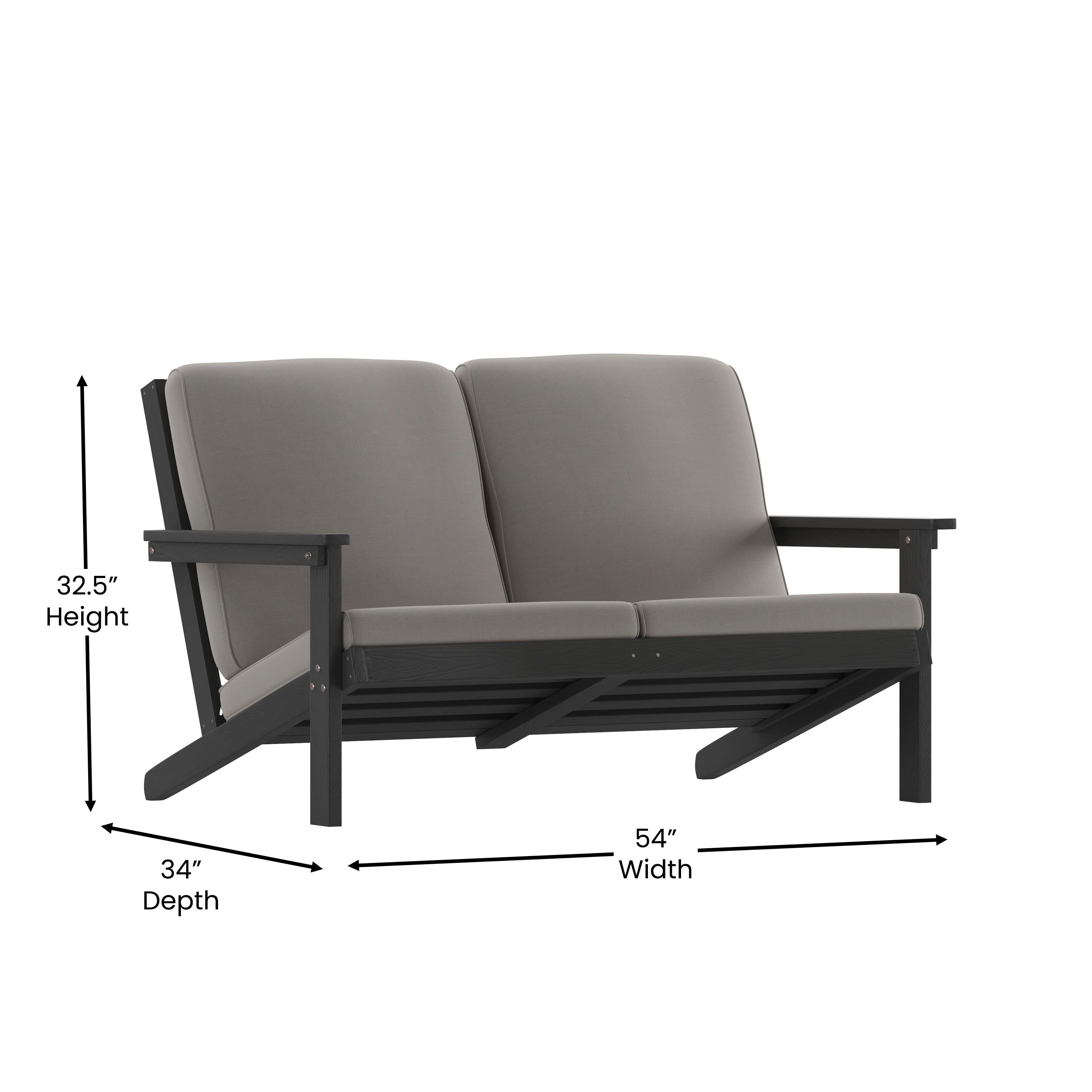 Charlestown All-Weather Poly Resin Wood Adirondack Style Deep Seat Patio Loveseat with Cushions, Black/Charcoal