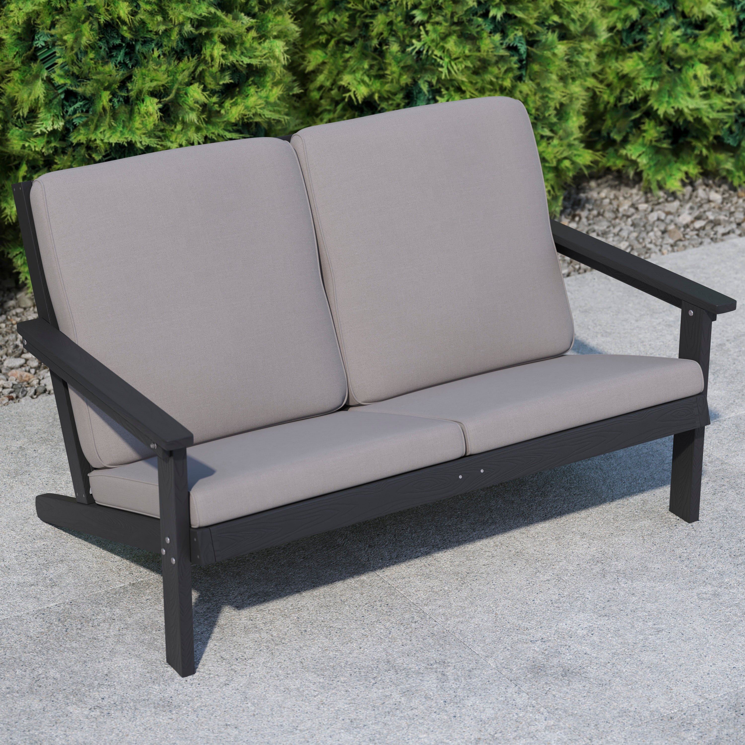 Charlestown All-Weather Poly Resin Wood Adirondack Style Deep Seat Patio Loveseat with Cushions, Black/Charcoal