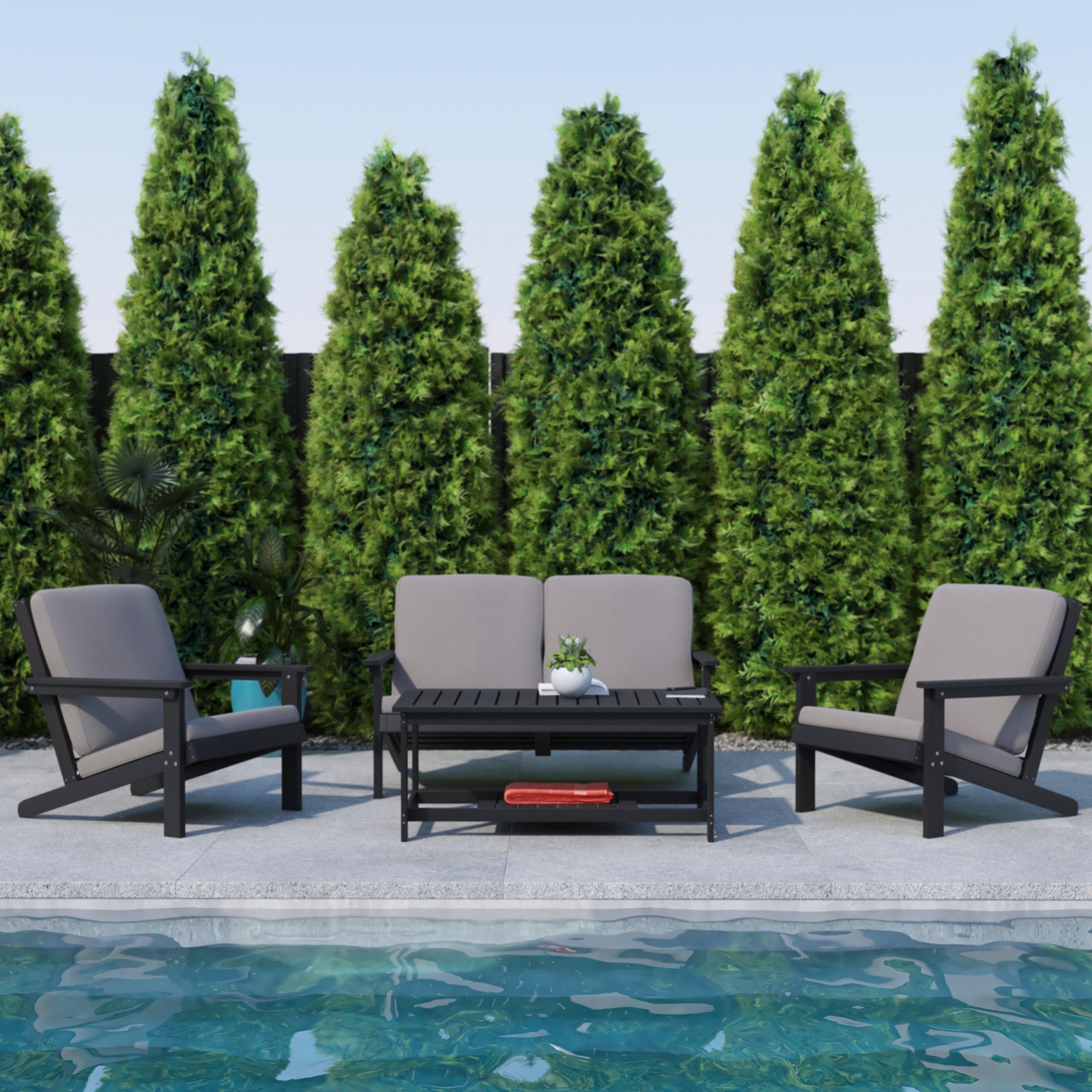 Charlestown All-Weather Poly Resin Wood Adirondack Style Deep Seat Patio Loveseat with Cushions, Black/Charcoal