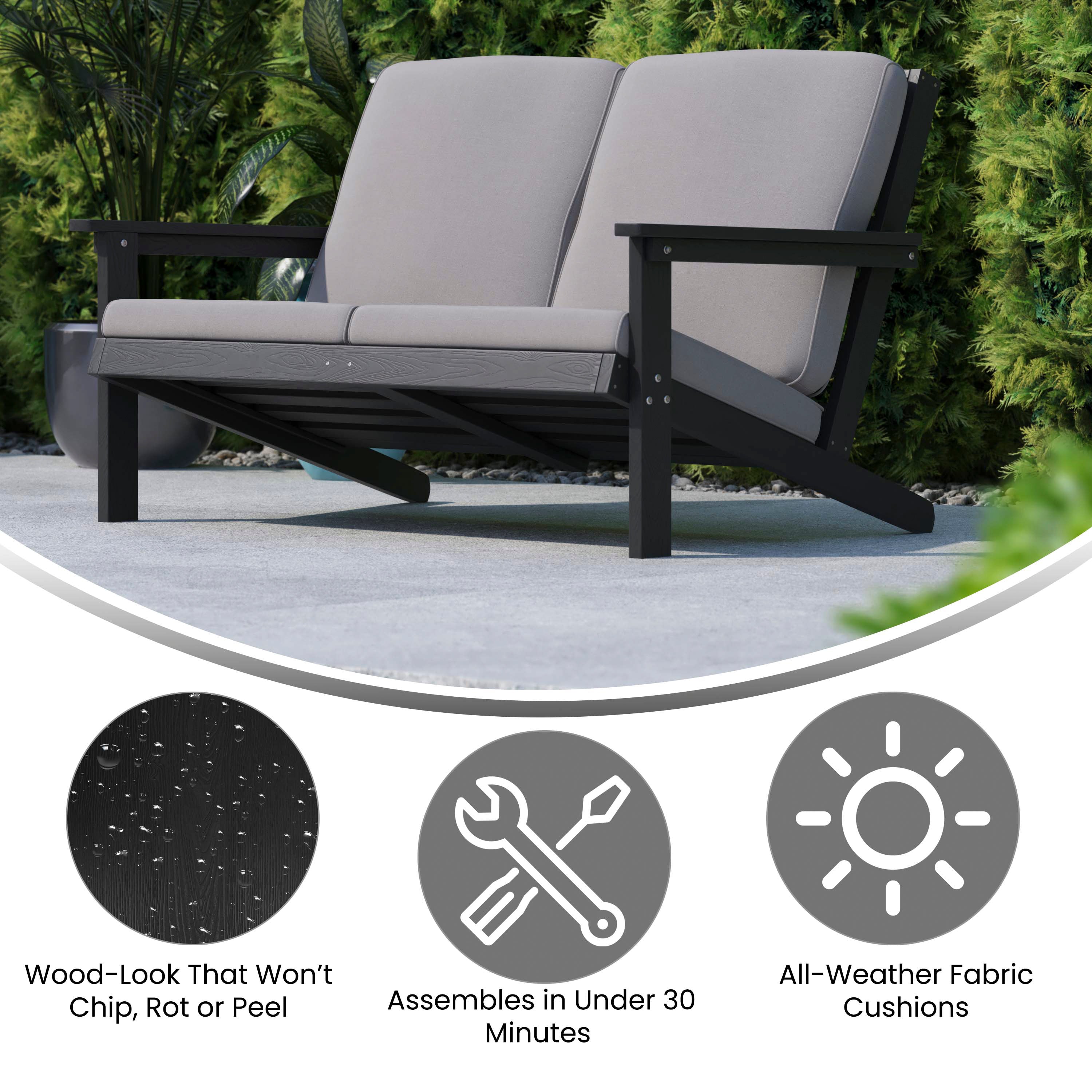 Charlestown All-Weather Poly Resin Wood Adirondack Style Deep Seat Patio Loveseat with Cushions, Black/Charcoal