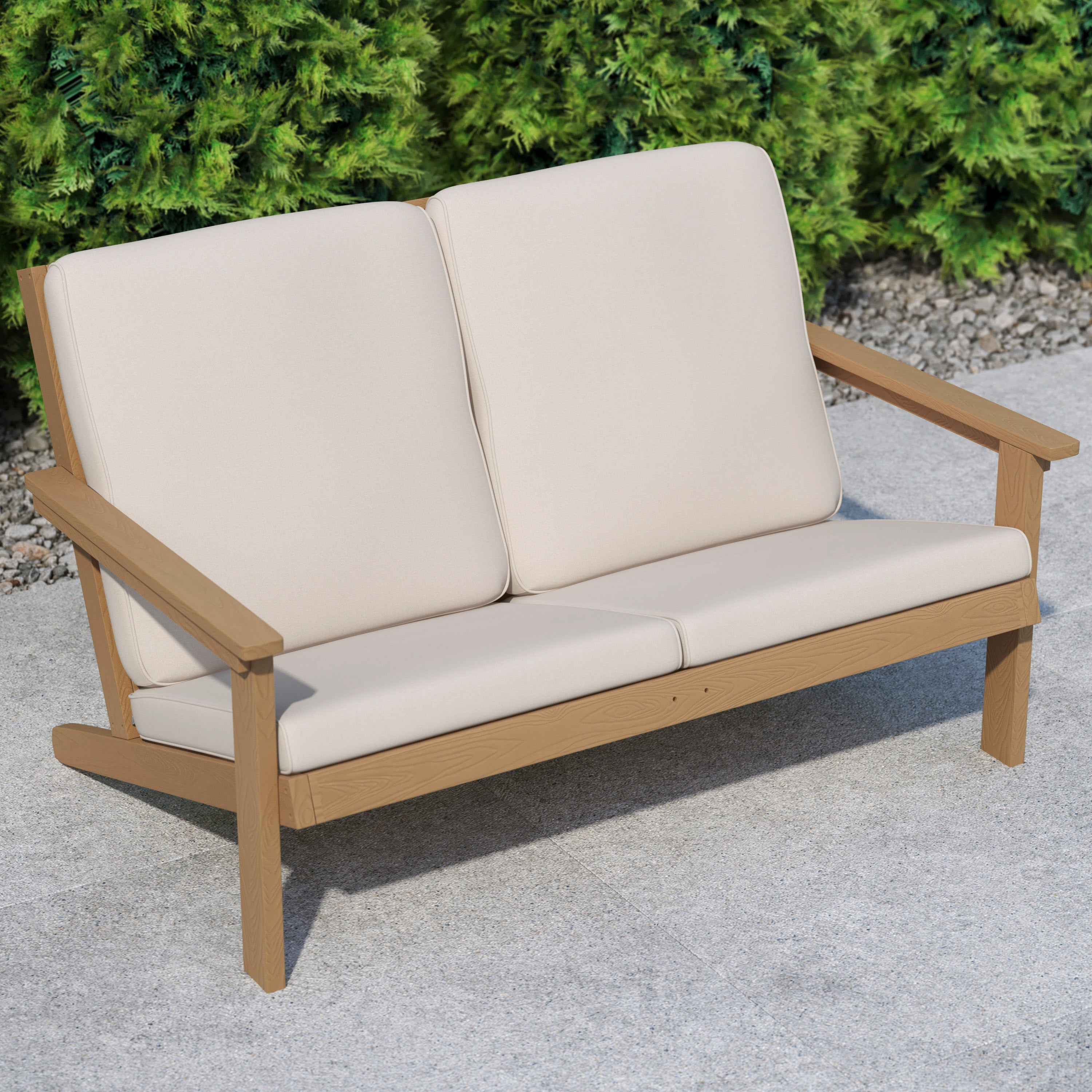 Charlestown All-Weather Poly Resin Wood Adirondack Style Deep Seat Patio Loveseat with Cushions, Natural Cedar/Cream